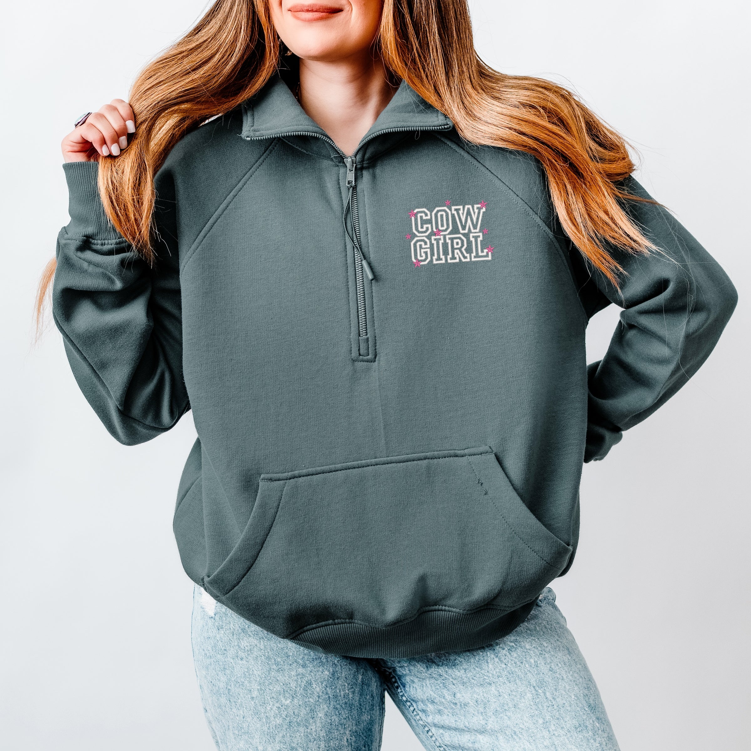Embroidered Cow Girl Stacked - Women's Quarter Zip Fleece Graphic Sweatshirt