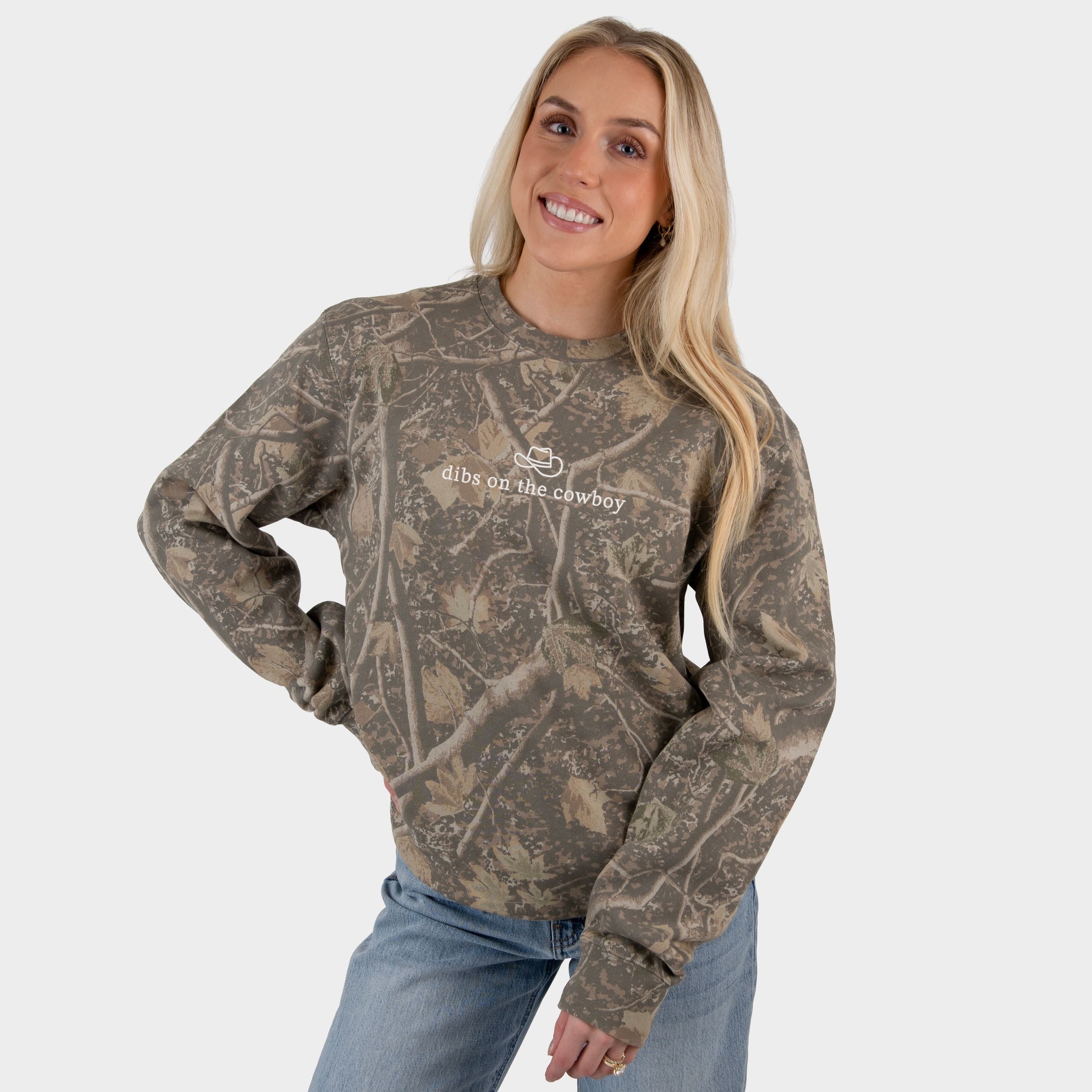 Embroidered Dibs On The Cowboy - Women's Camo Sweatshirt