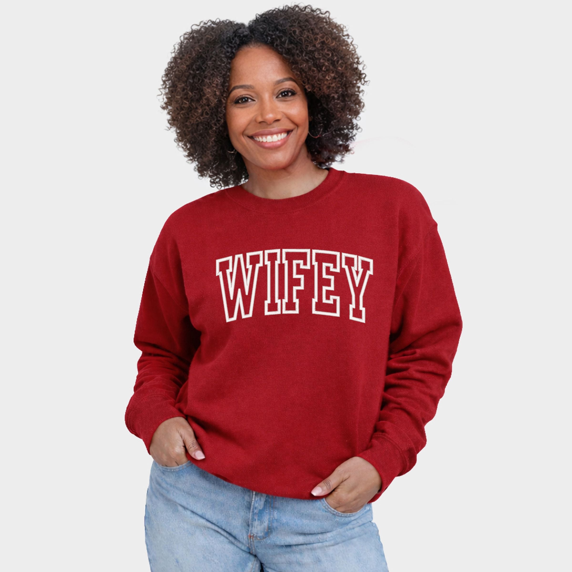 Embroidered Wifey Arched Varsity - Women's Graphic Sweatshirt