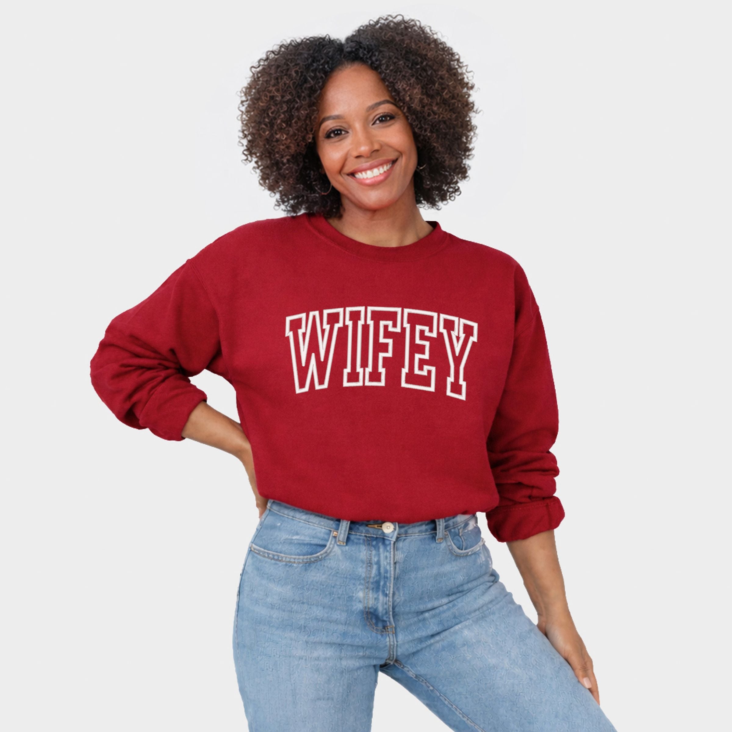 Embroidered Wifey Arched Varsity - Women's Graphic Sweatshirt