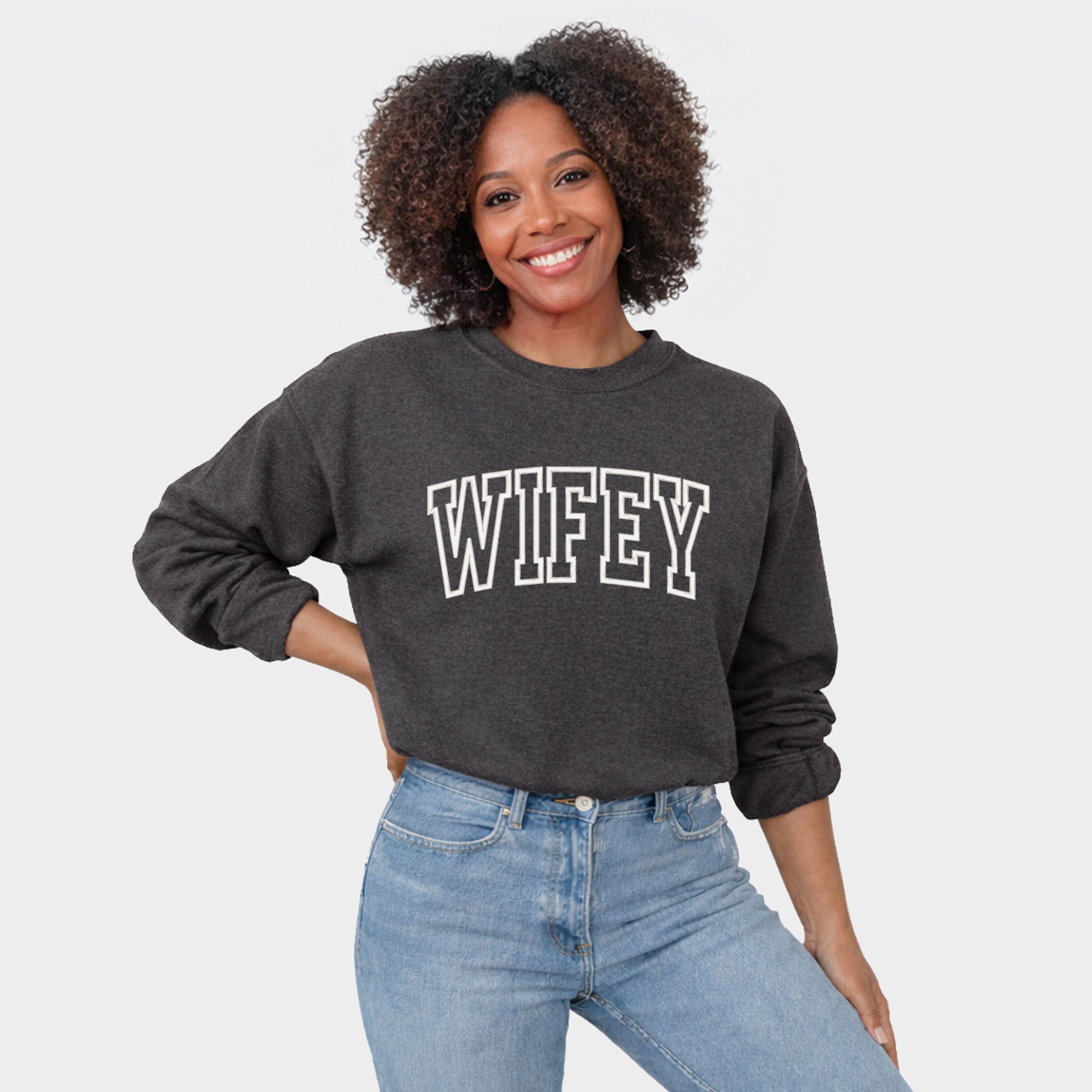 Embroidered Wifey Arched Varsity - Women's Graphic Sweatshirt