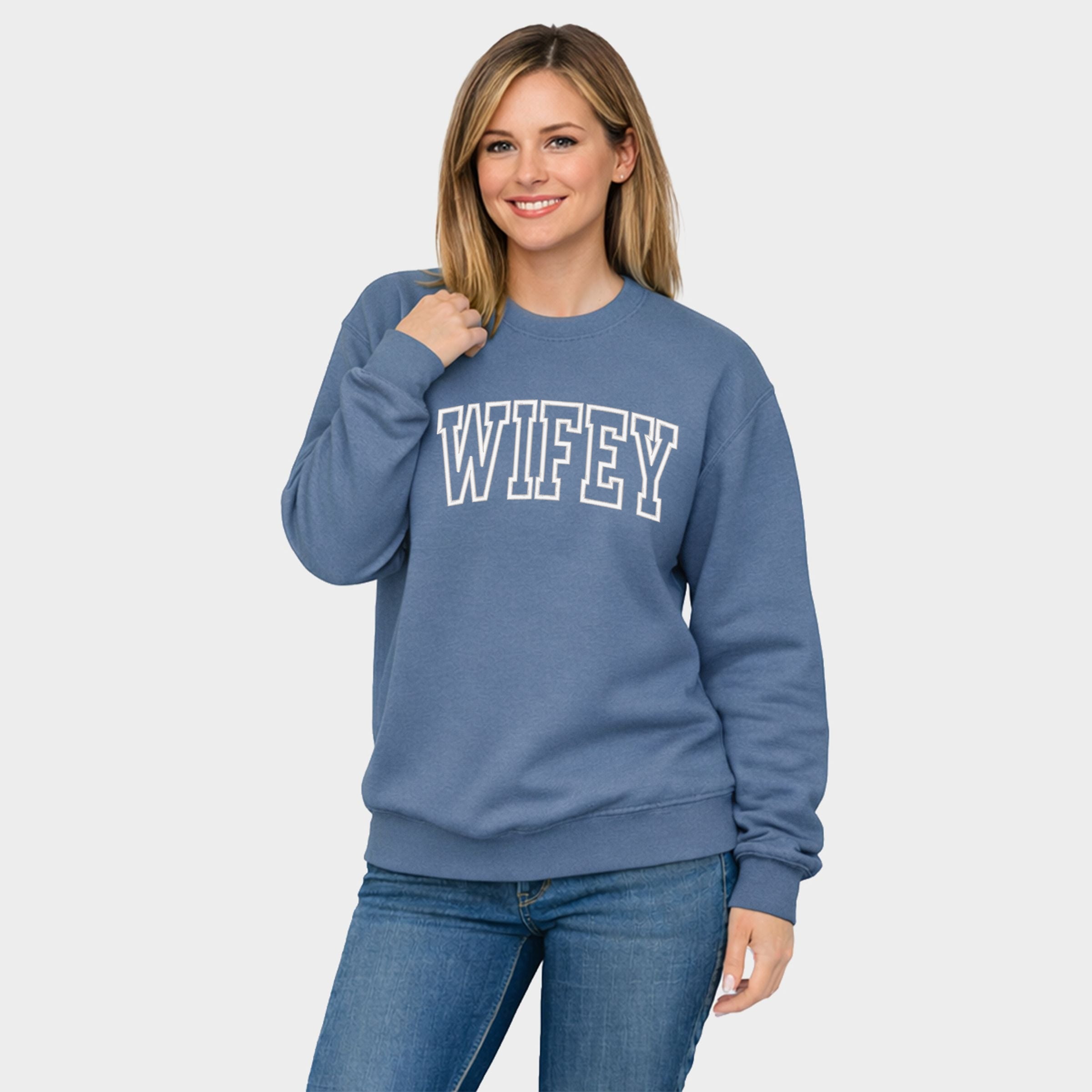 Embroidered Wifey Arched Varsity - Women's Graphic Sweatshirt