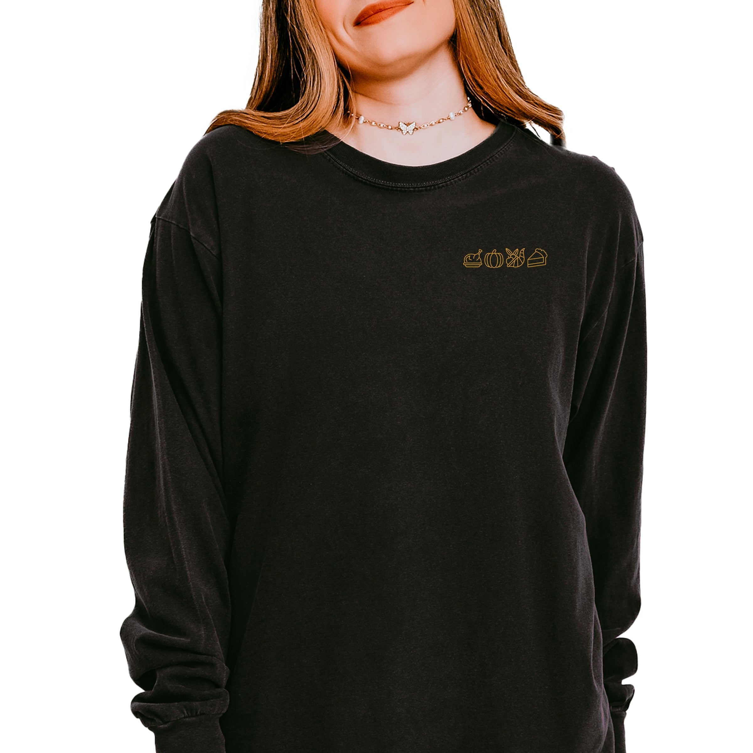 Embroidered Thanksgiving Icons - Womens Garment Dyed Long Sleeve