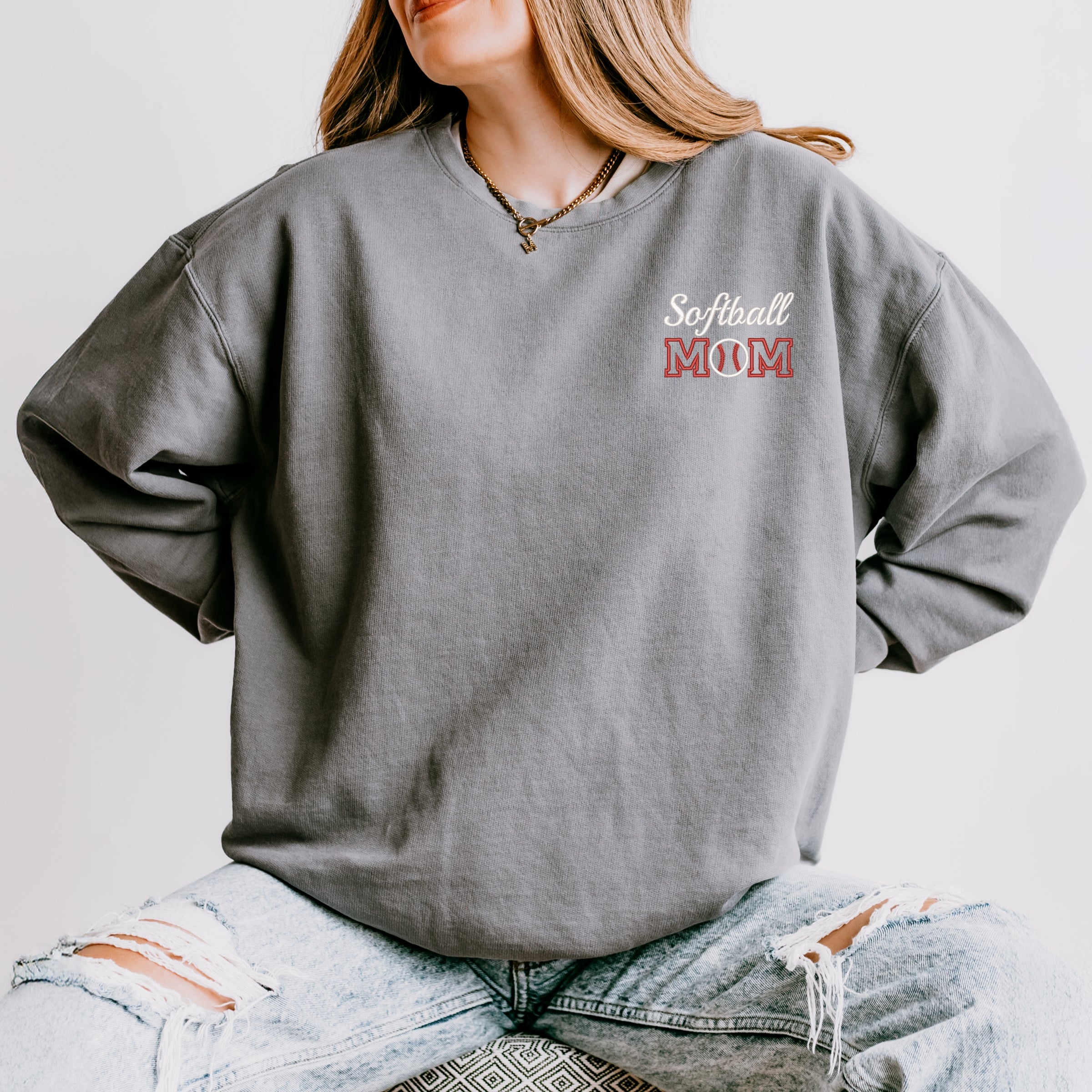 Embroidered Softball Mom - Women's Lightweight Garment Dyed Sweatshirt