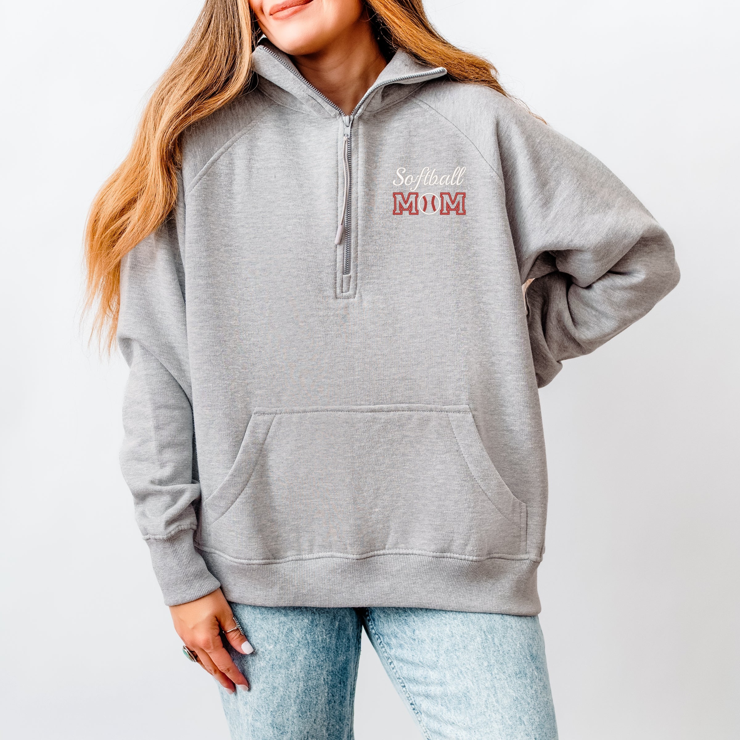 Embroidered Softball Mom - Women's Quarter Zip Fleece Graphic Sweatshirt