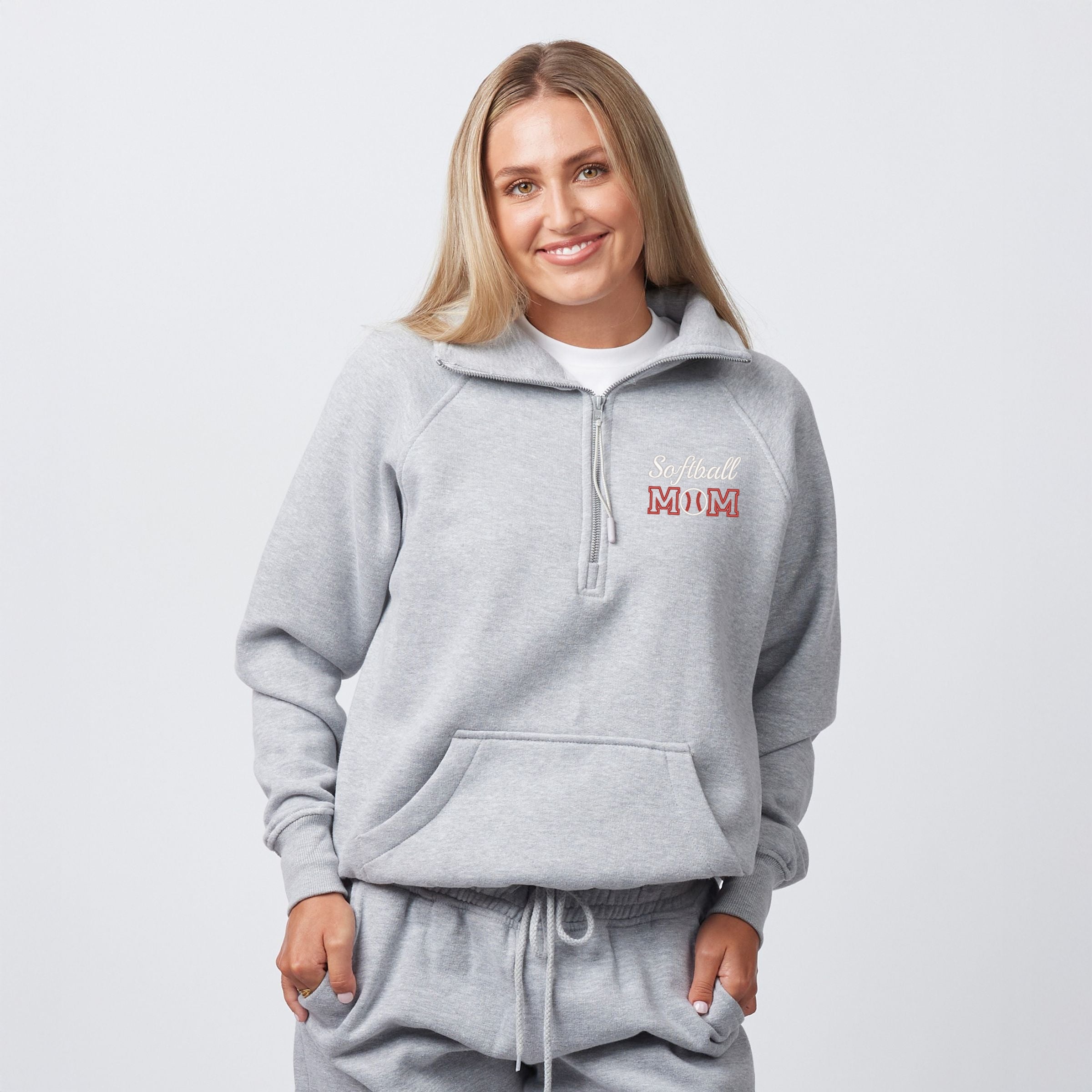Embroidered Softball Mom - Women's Quarter Zip Fleece Graphic Sweatshirt