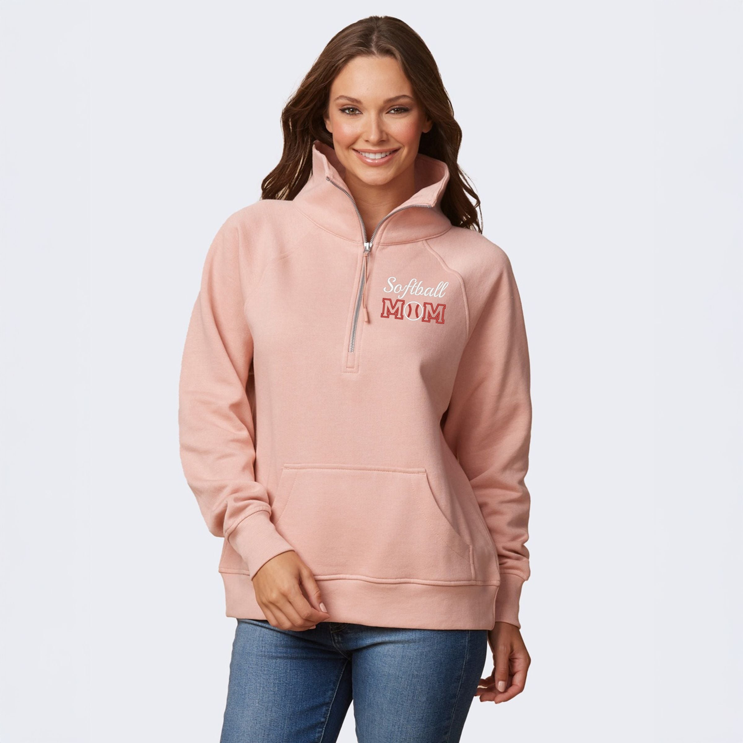 Embroidered Softball Mom - Women's Quarter Zip Fleece Graphic Sweatshirt