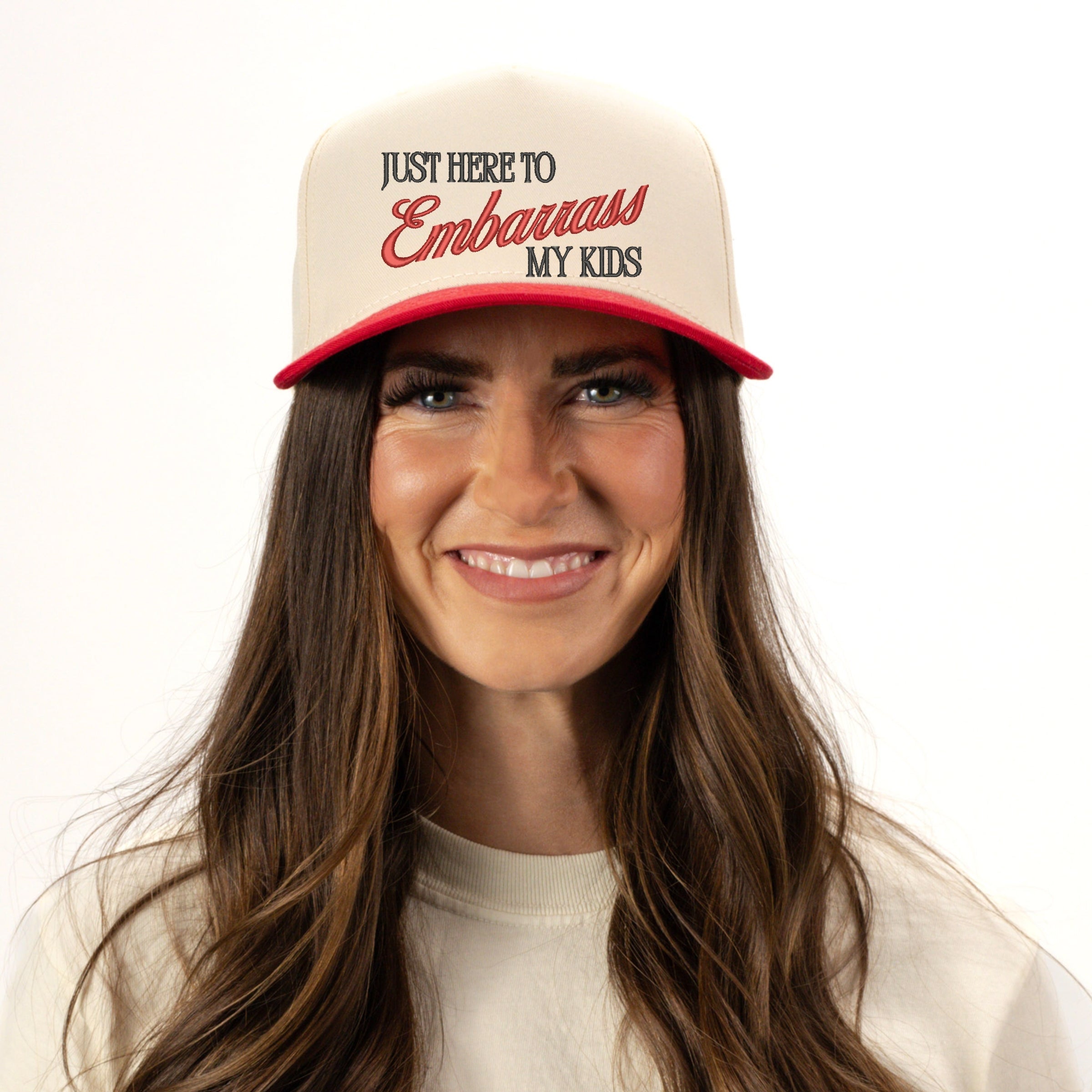 Embroidered Just Here To Embarrass My Kids - Women's Canvas Trucker Hat