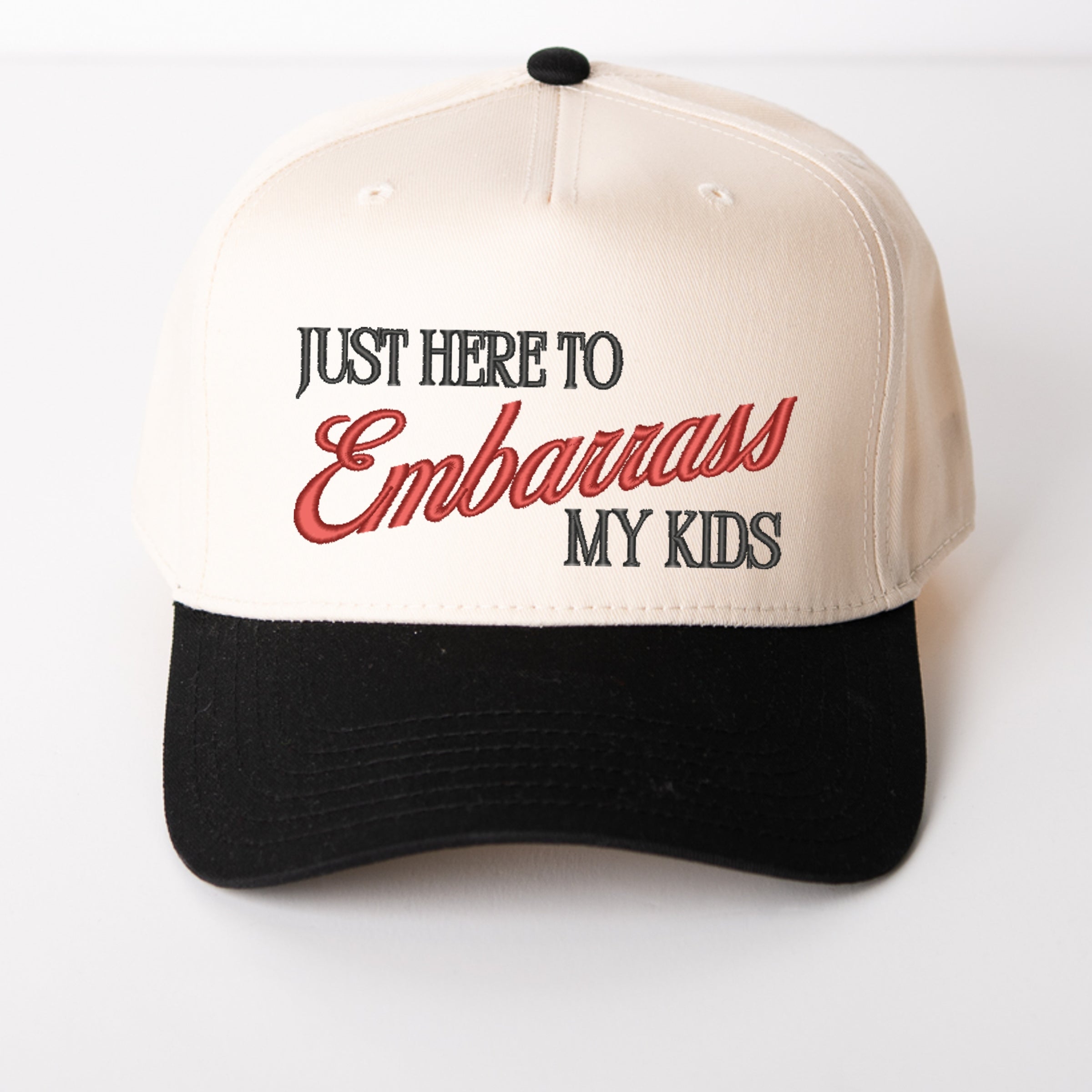 Embroidered Just Here To Embarrass My Kids - Women's Canvas Trucker Hat