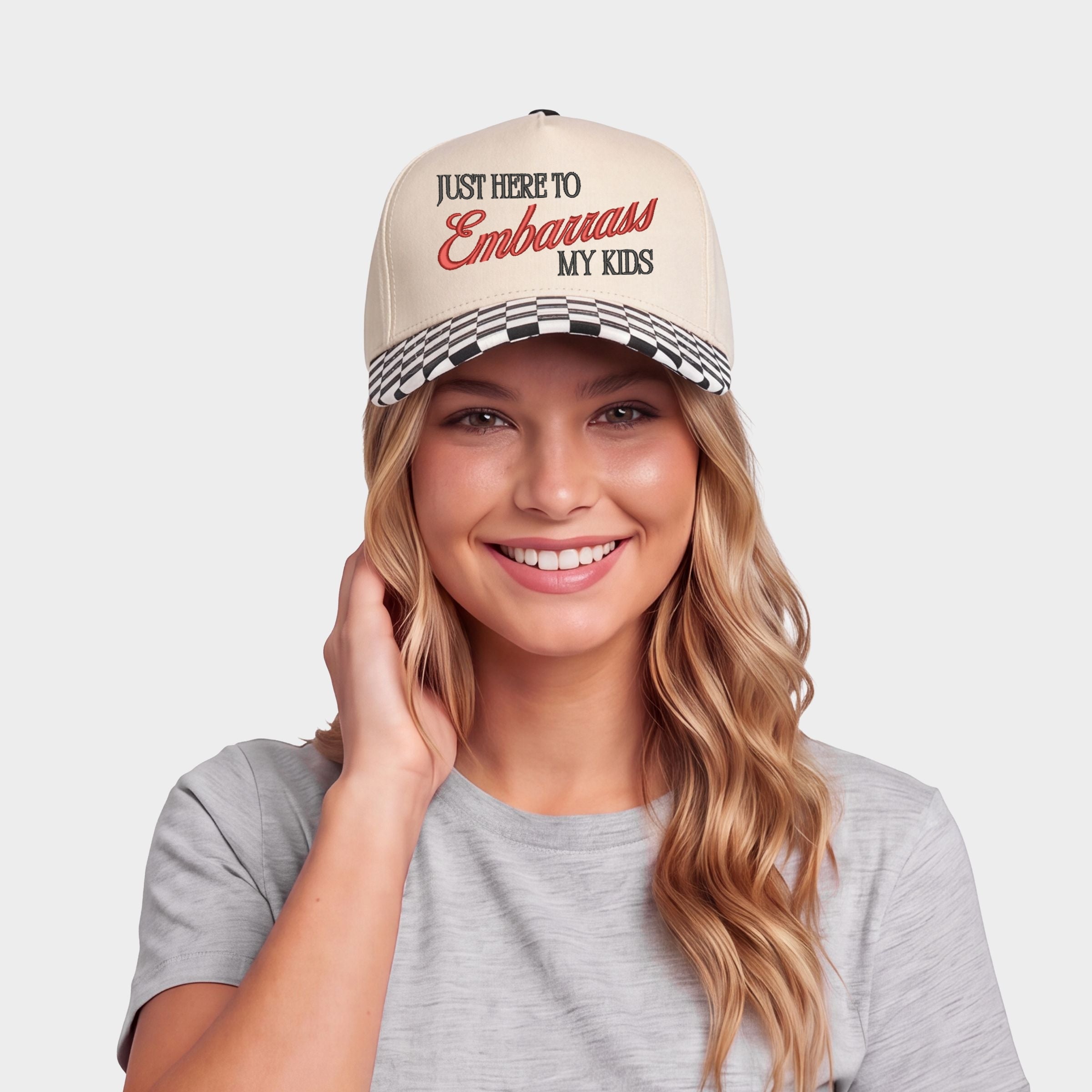 Embroidered Just Here To Embarrass My Kids - Women's Canvas Trucker Hat