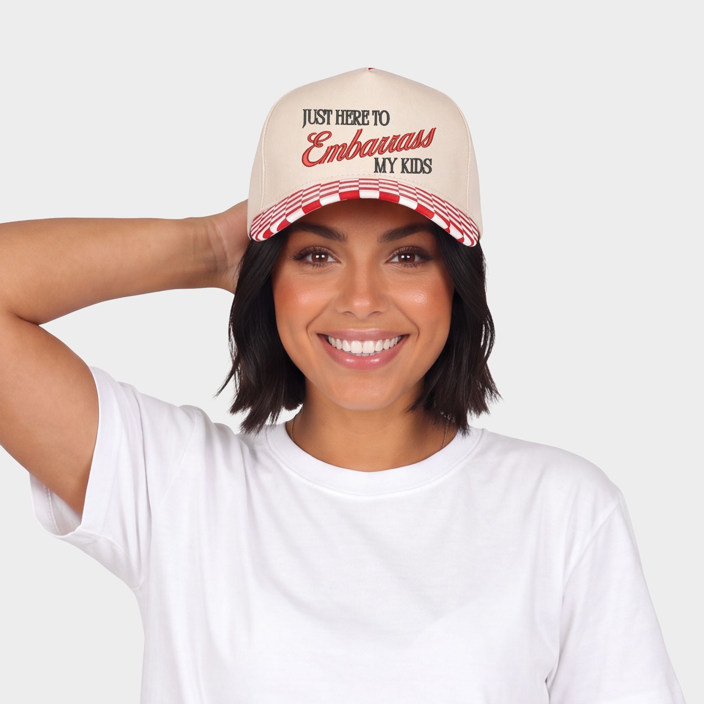 Embroidered Just Here To Embarrass My Kids - Women's Canvas Trucker Hat