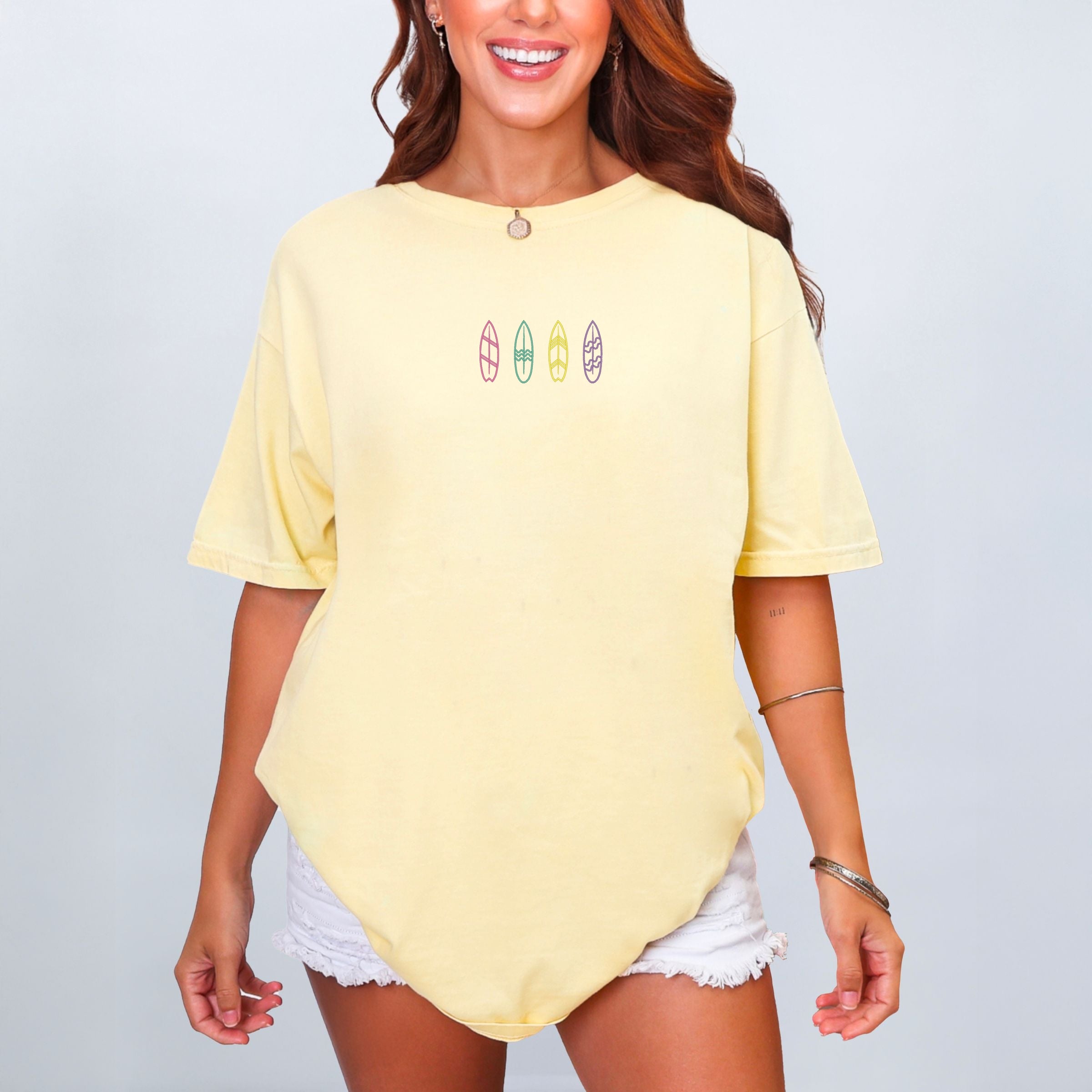 Embroidered Surf Boards - Women's Garment Dyed Graphic T-Shirt