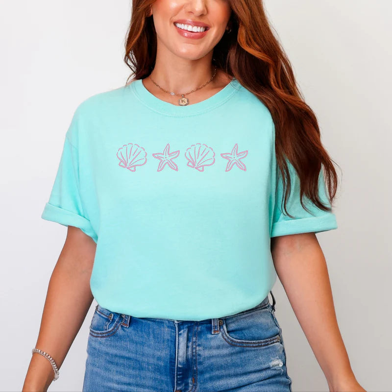Embroidered Starfish and Shells - Women's Garment Dyed Graphic T-Shirt