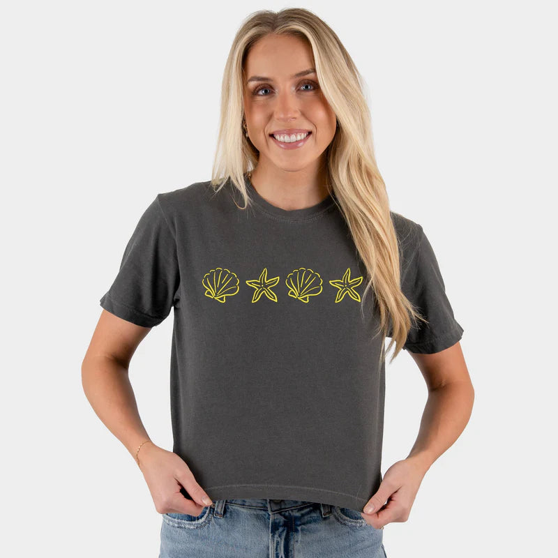 Embroidered Starfish and Shells - Women's Boxy Crop Top Graphic T-Shirt