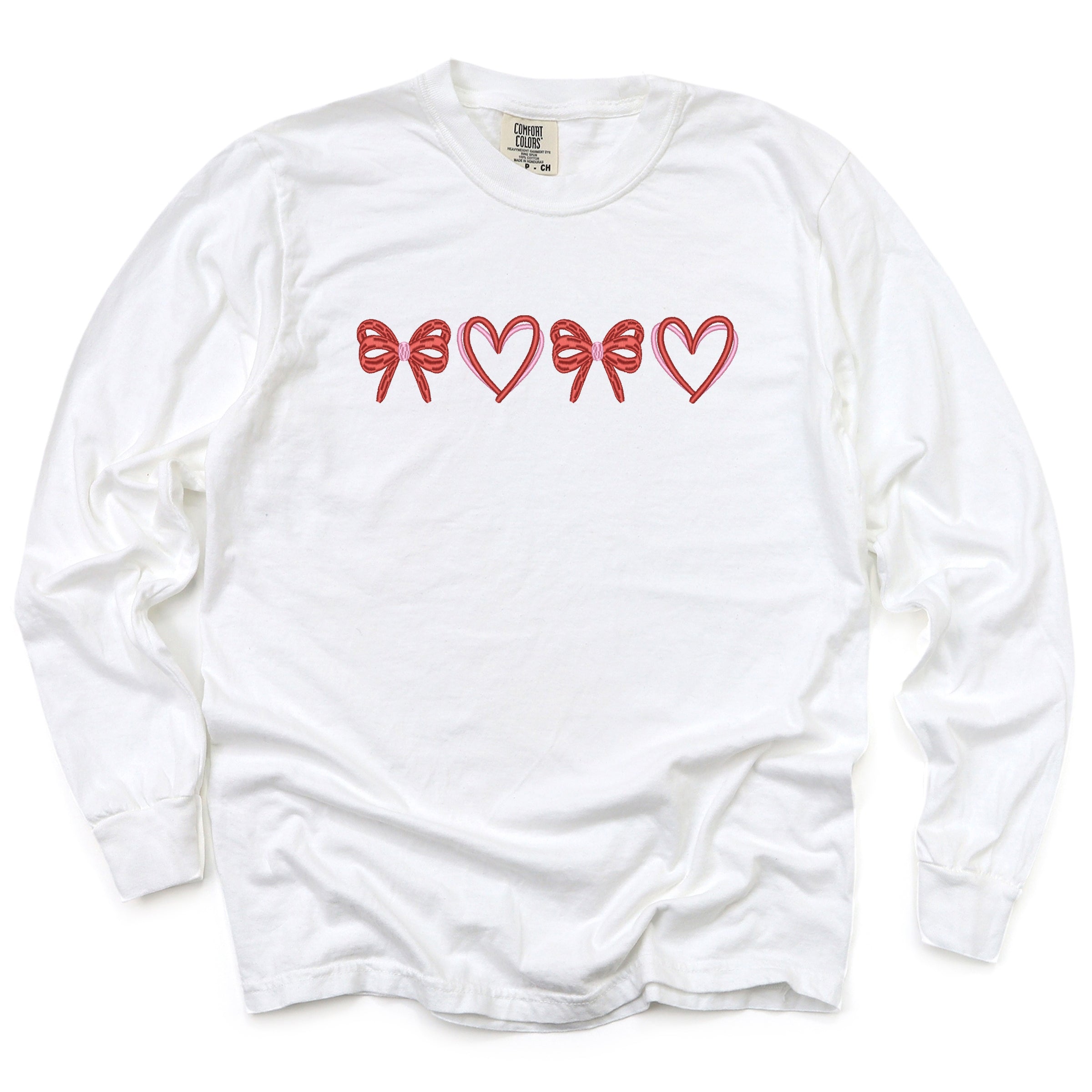 Embroidered Hearts And Bows - Women's Garment Dyed Long Sleeve Graphic T-Shirt