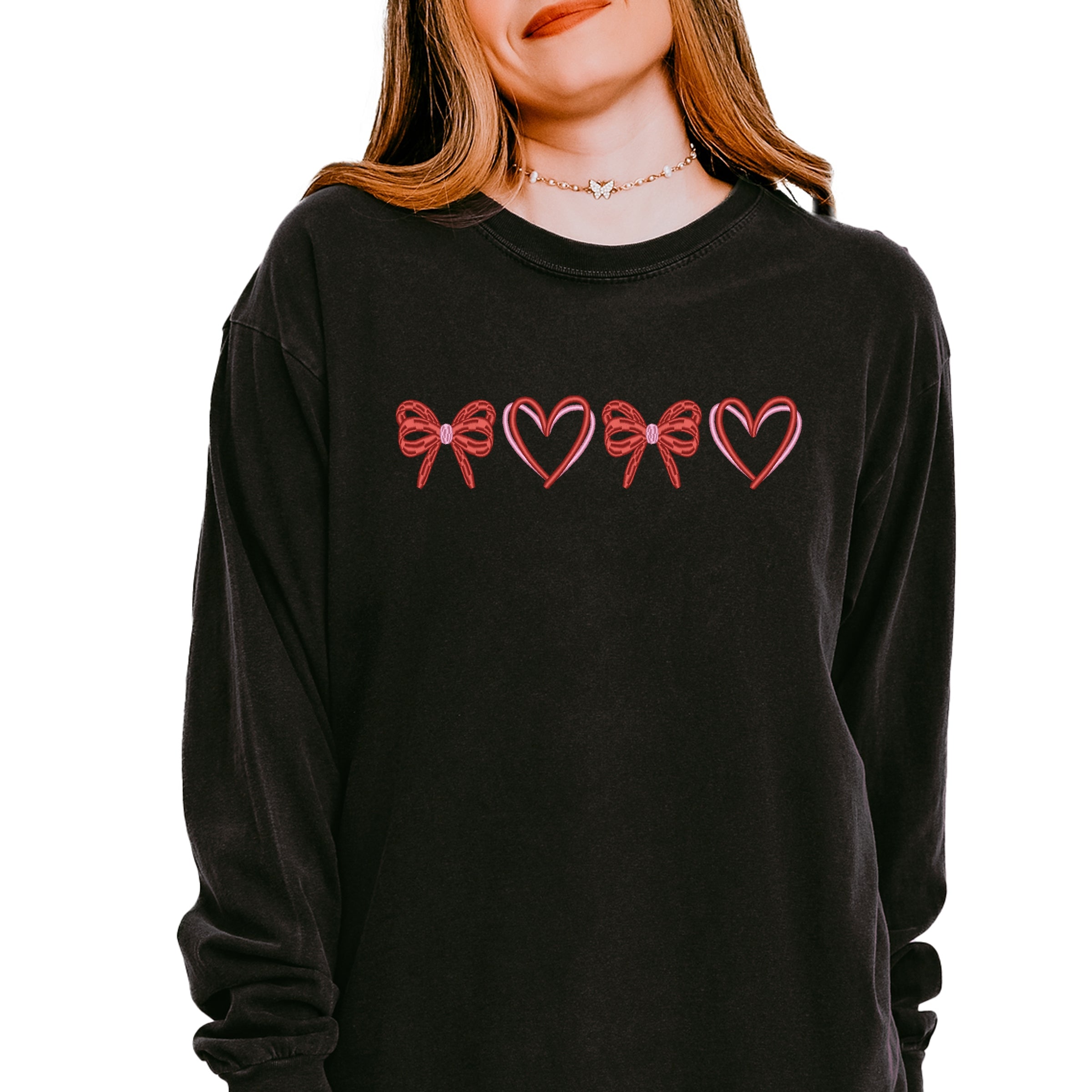 Embroidered Hearts And Bows - Women's Garment Dyed Long Sleeve Graphic T-Shirt