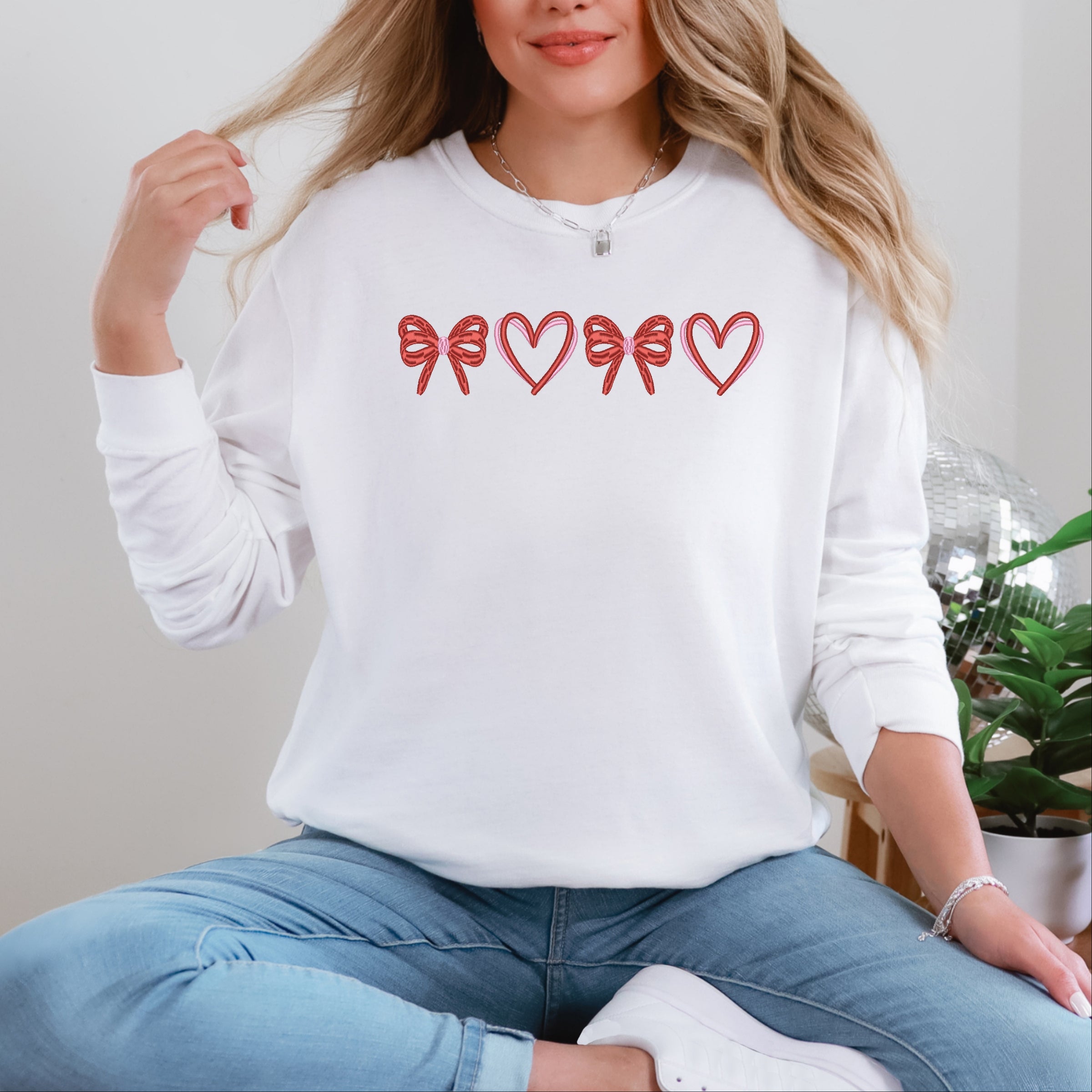 Embroidered Hearts And Bows - Women's Garment Dyed Long Sleeve Graphic T-Shirt