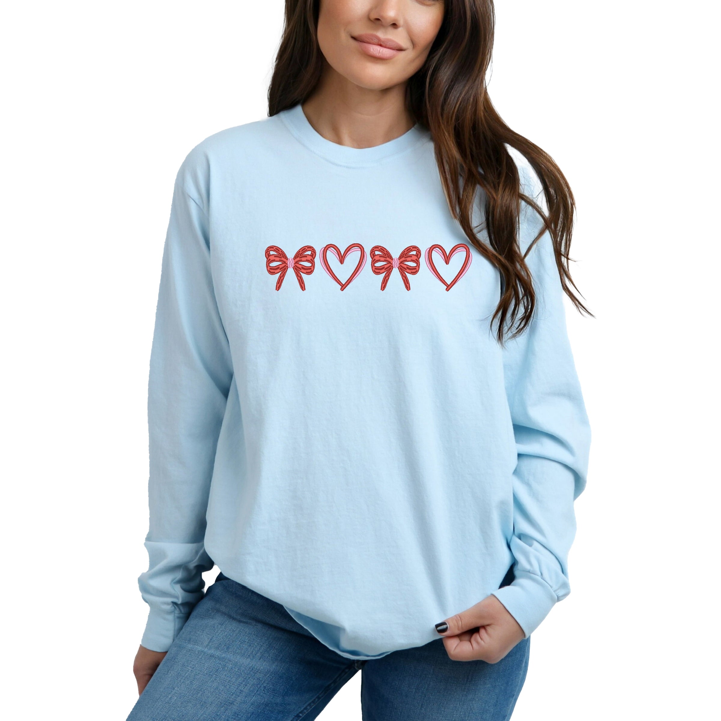 Embroidered Hearts And Bows - Women's Garment Dyed Long Sleeve Graphic T-Shirt