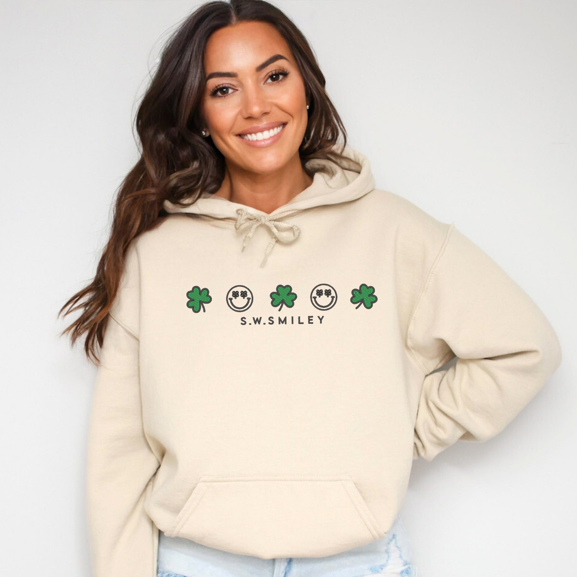 Embroidered S.W. Smiley Clovers Row - Women's Graphic Hoodie