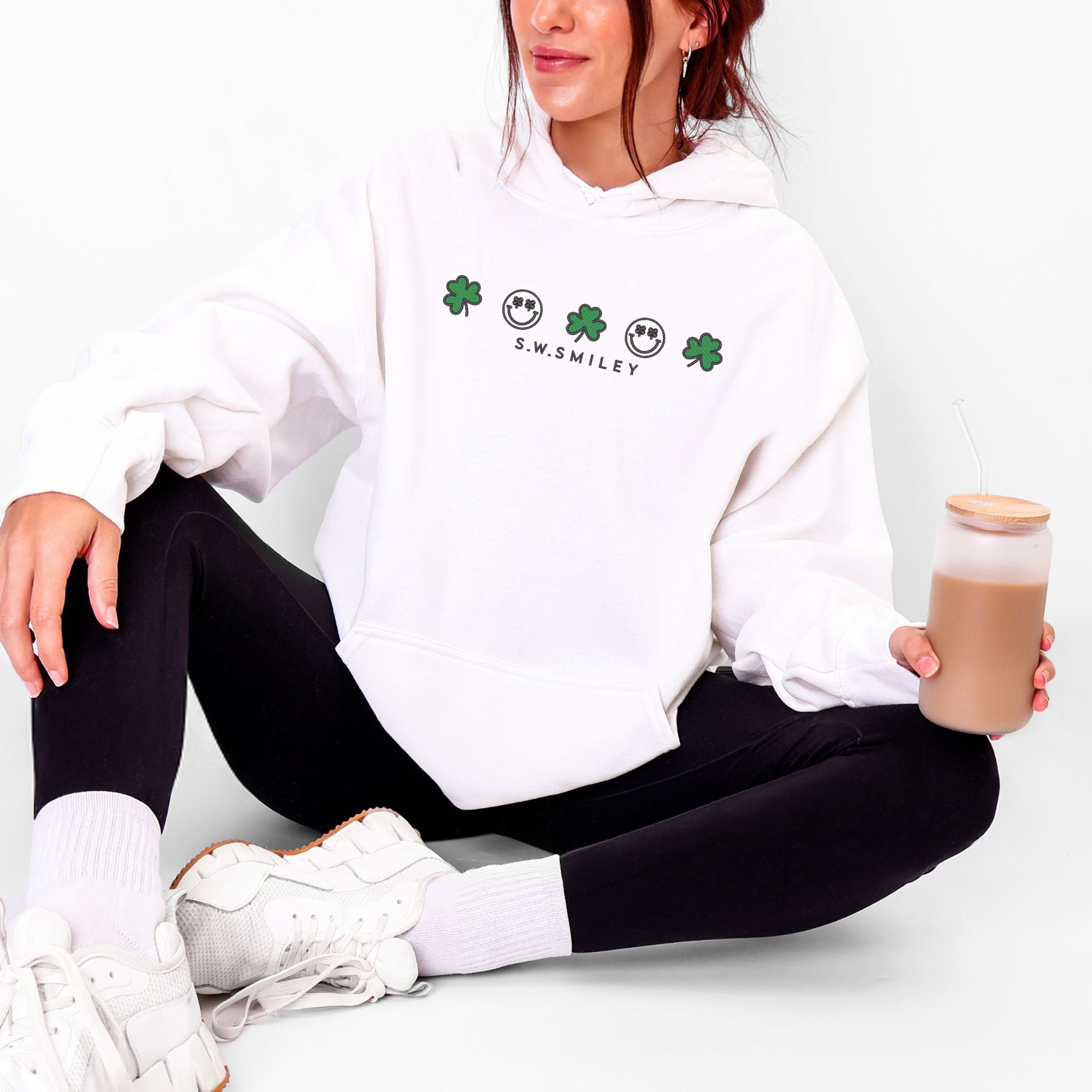 Embroidered S.W. Smiley Clovers Row - Women's Graphic Hoodie