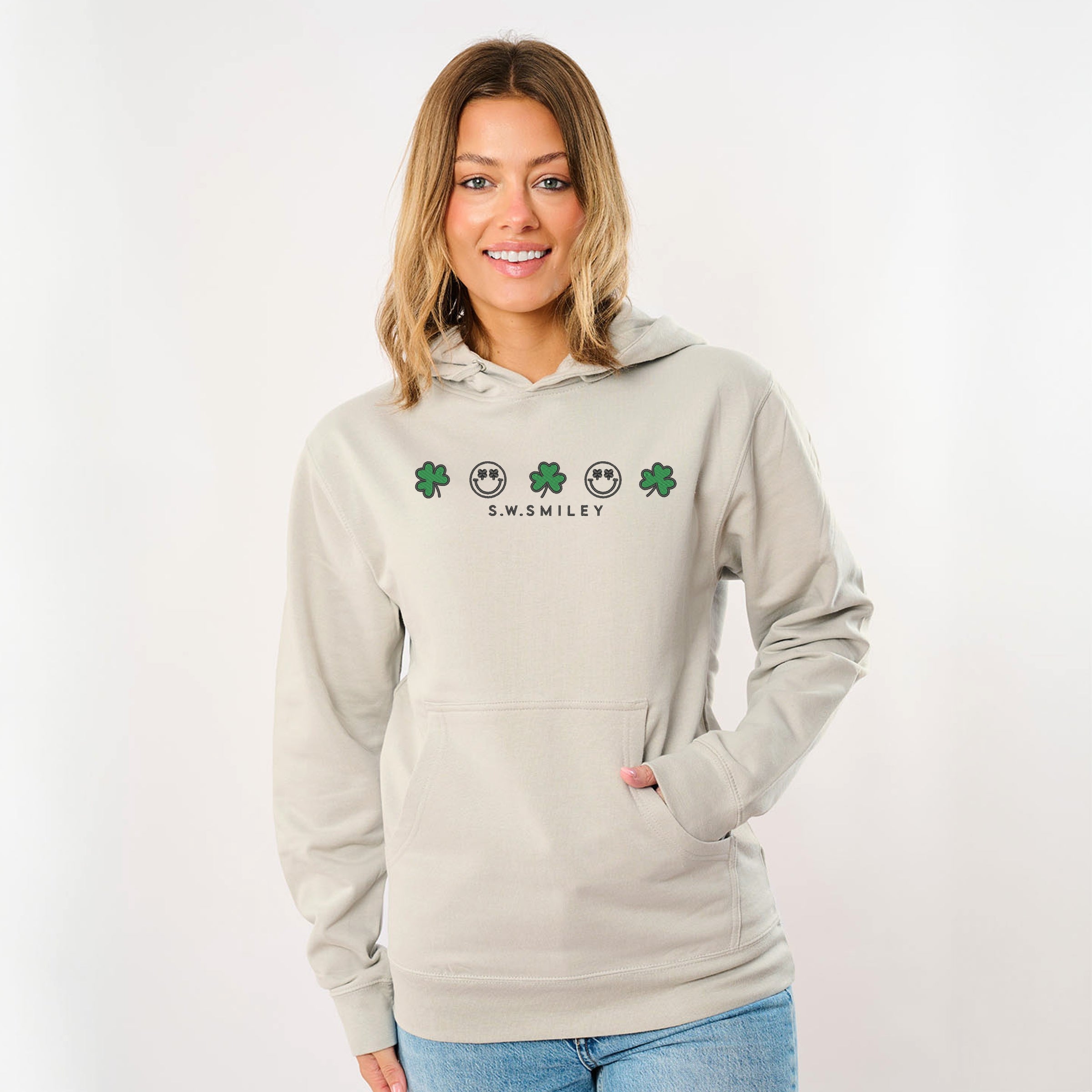 Embroidered S.W. Smiley Clovers Row - Women's Graphic Hoodie