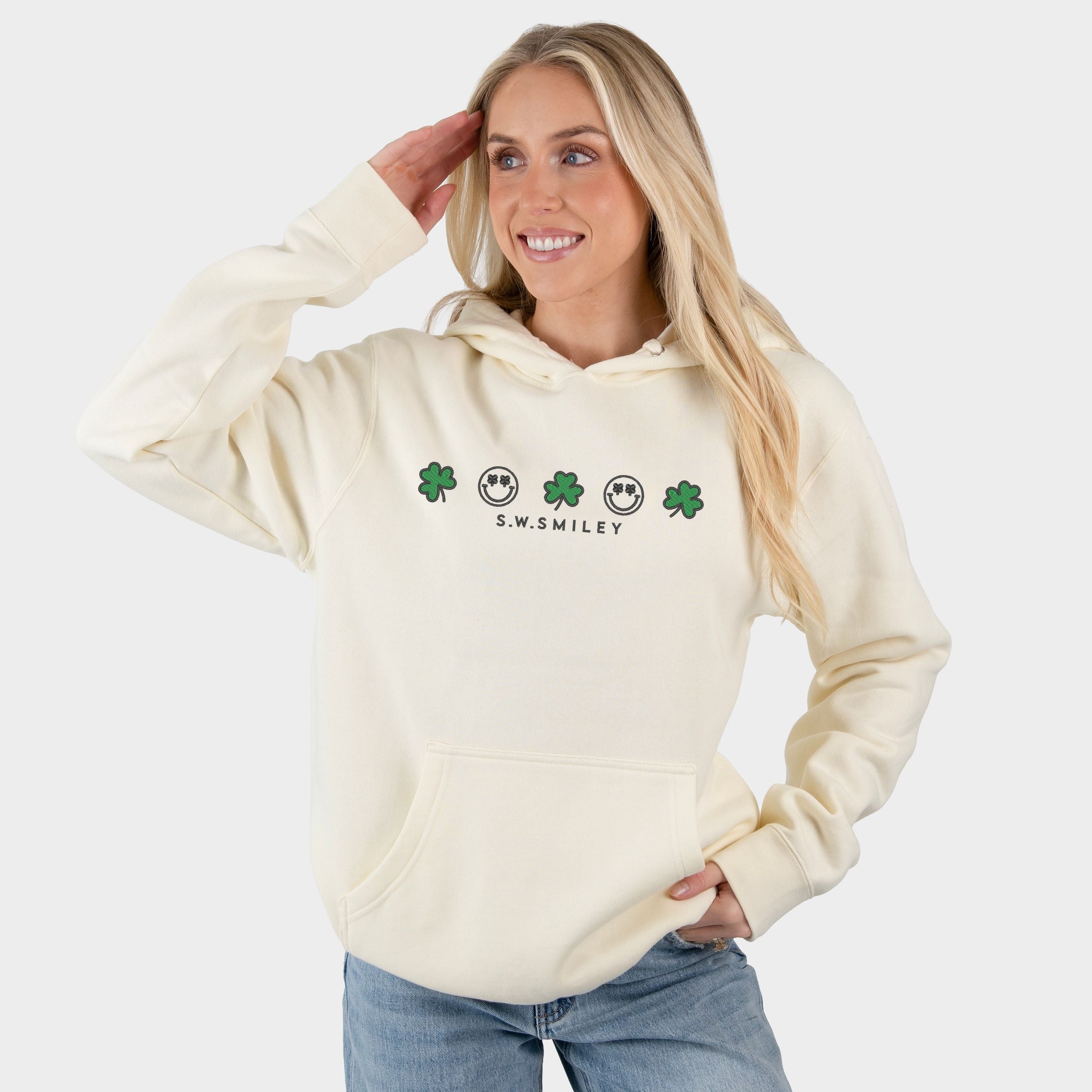 Embroidered S.W. Smiley Clovers Row - Women's Graphic Hoodie