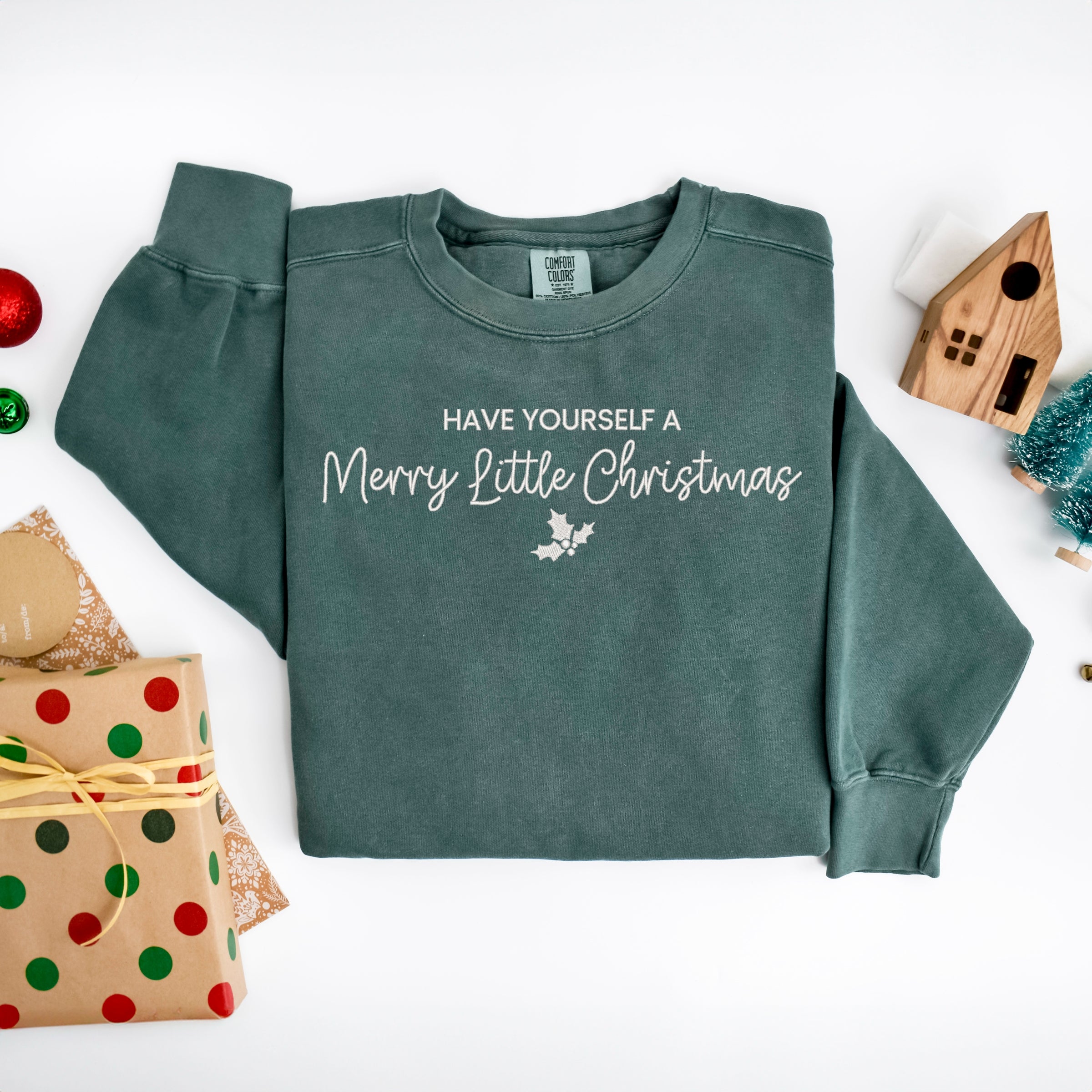 Embroidered Merry Little Christmas - Women's Garment Dyed Graphic Sweatshirt