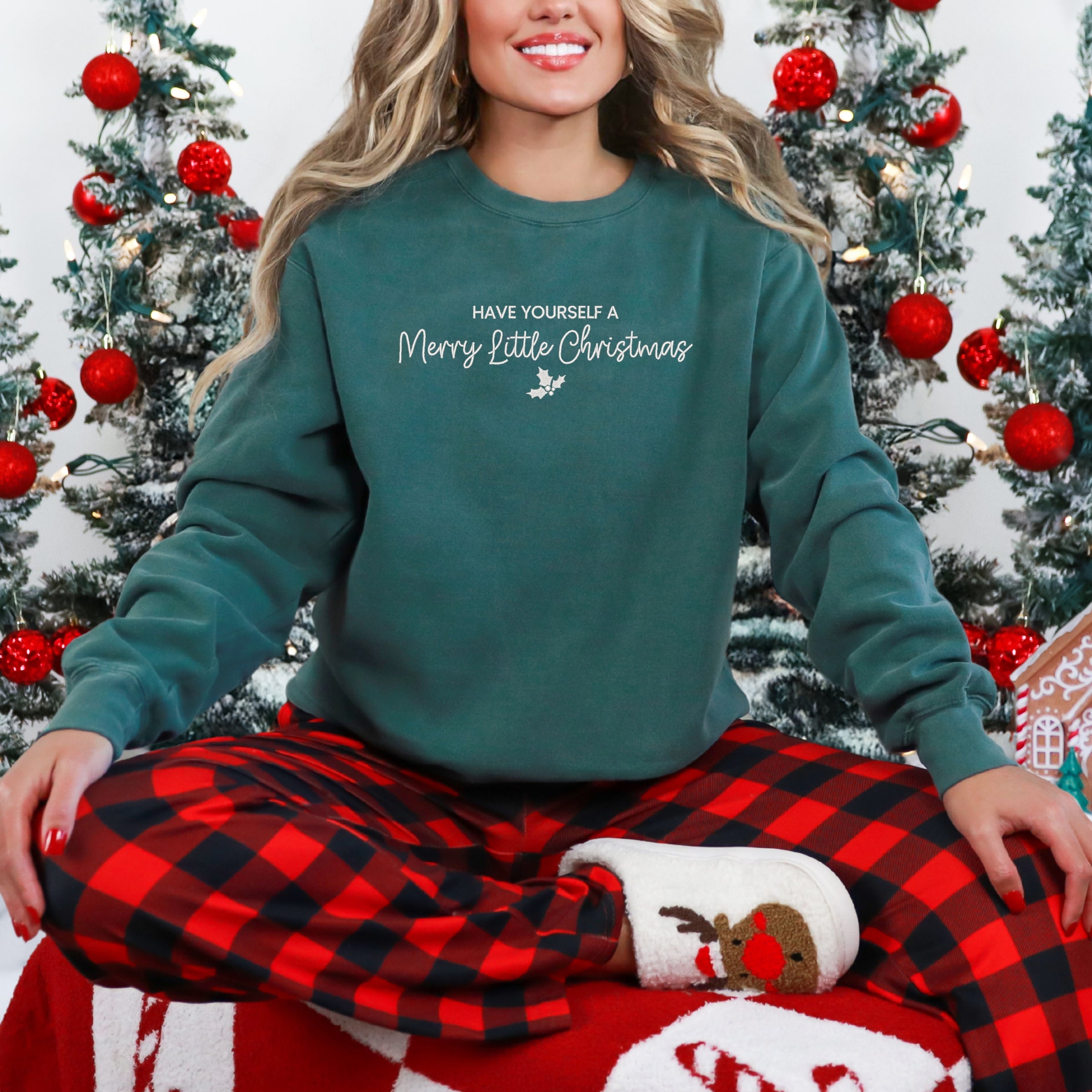 Embroidered Merry Little Christmas - Women's Garment Dyed Graphic Sweatshirt