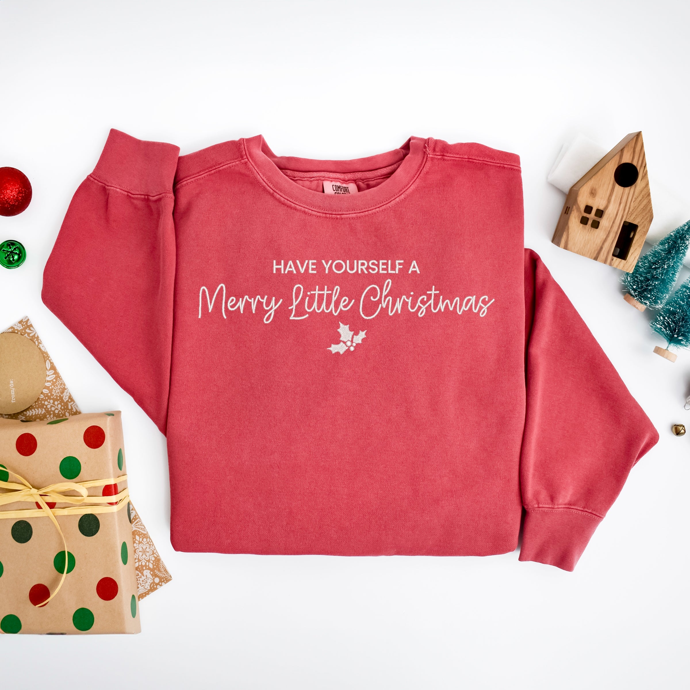 Embroidered Merry Little Christmas - Women's Garment Dyed Graphic Sweatshirt