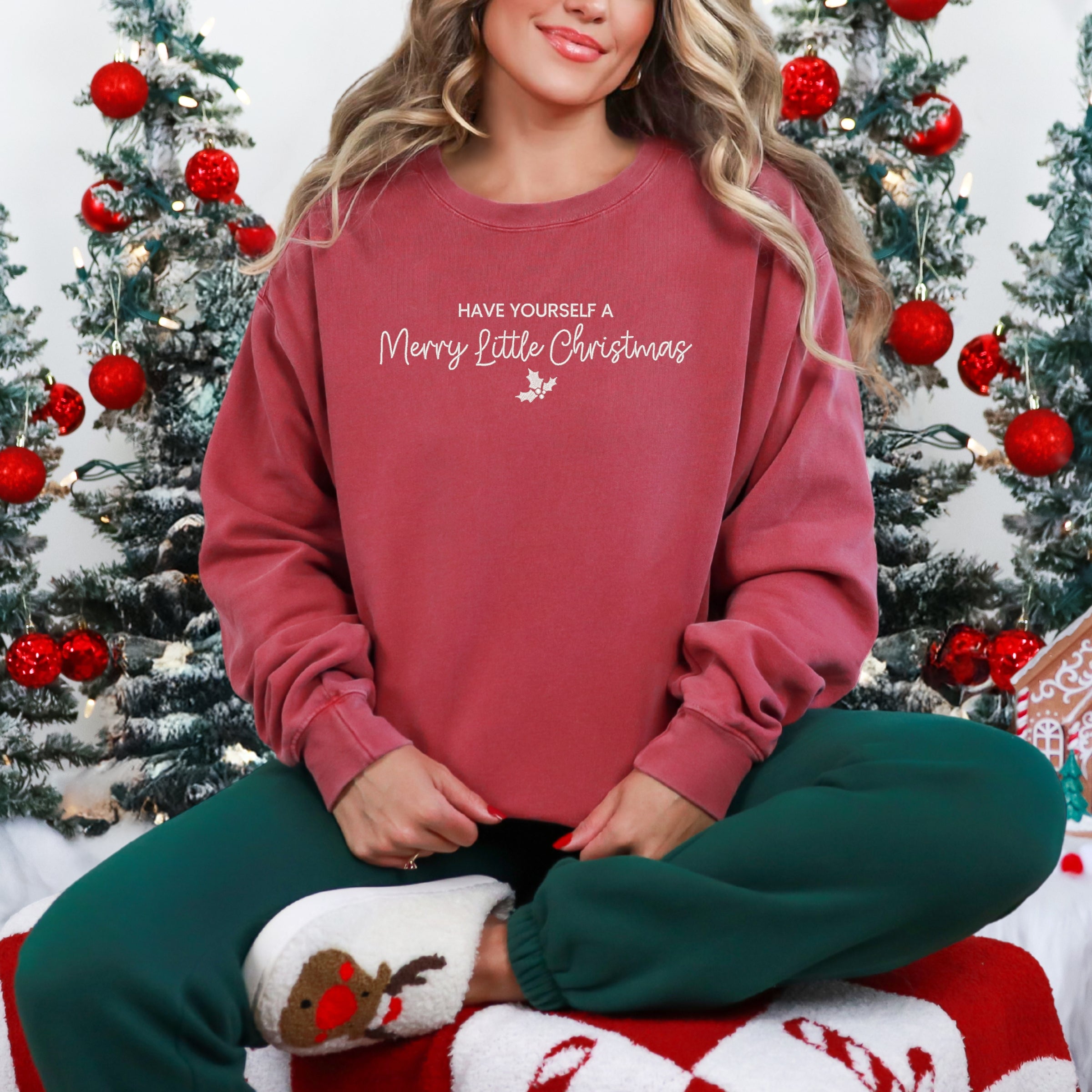 Embroidered Merry Little Christmas - Women's Garment Dyed Graphic Sweatshirt
