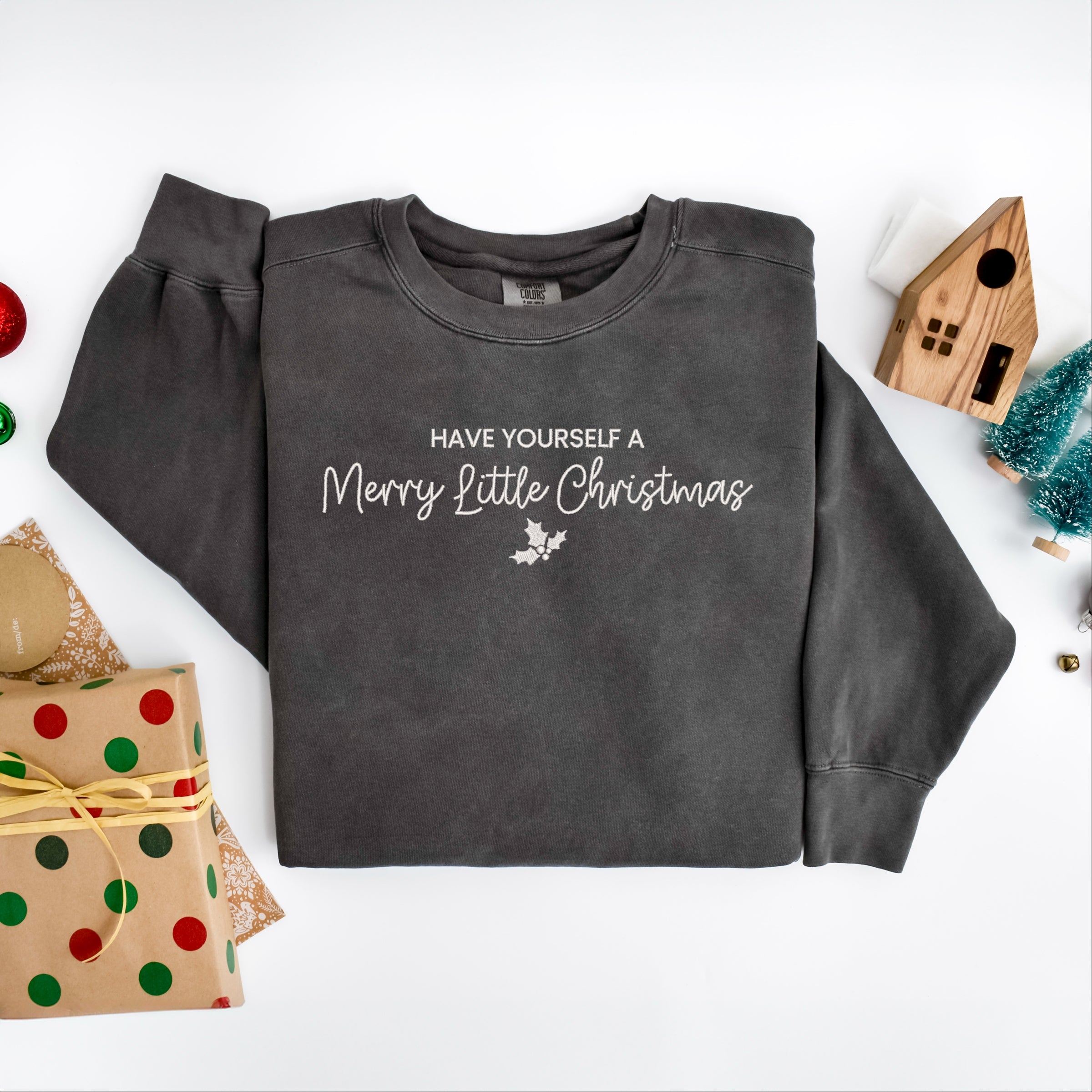 Embroidered Merry Little Christmas - Women's Garment Dyed Graphic Sweatshirt