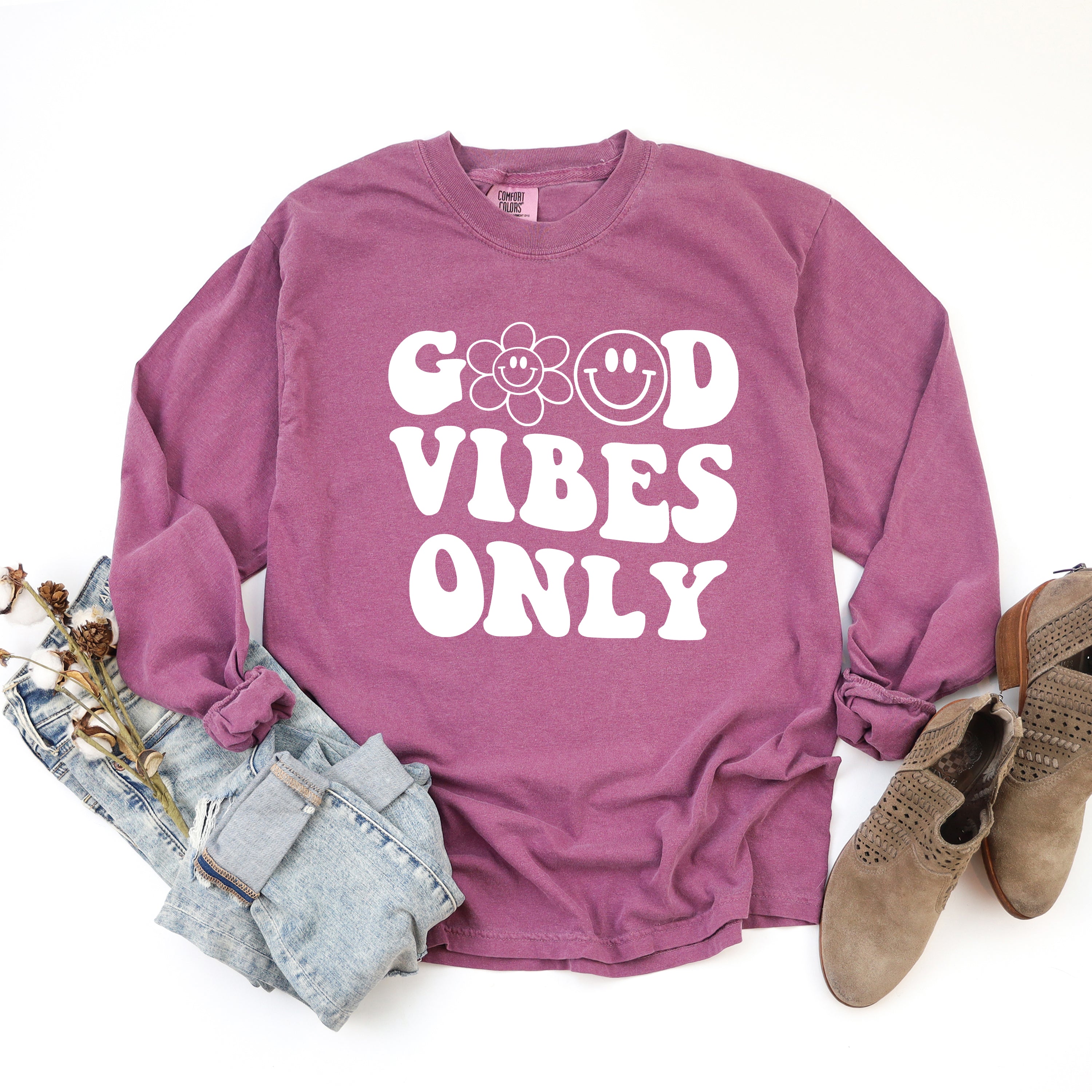 Good Vibes Only Smiley Face | Garment Dyed Long Sleeve