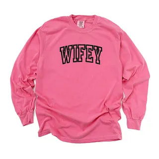 Embroidered Wifey Arched Varsity | Garment Dyed Long Sleeve