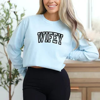 Embroidered Wifey Arched Varsity | Garment Dyed Long Sleeve