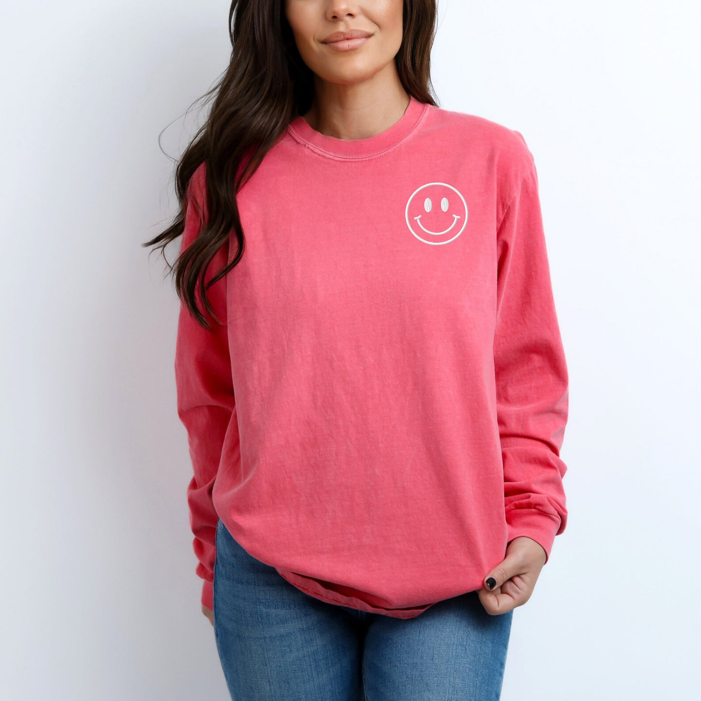 Embroidered Smiley Face Outline | Garment Dyed Long Sleeve