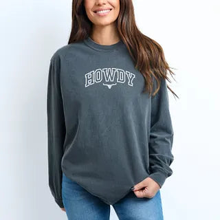 Embroidered Howdy Bull Varsity | Garment Dyed Long Sleeve