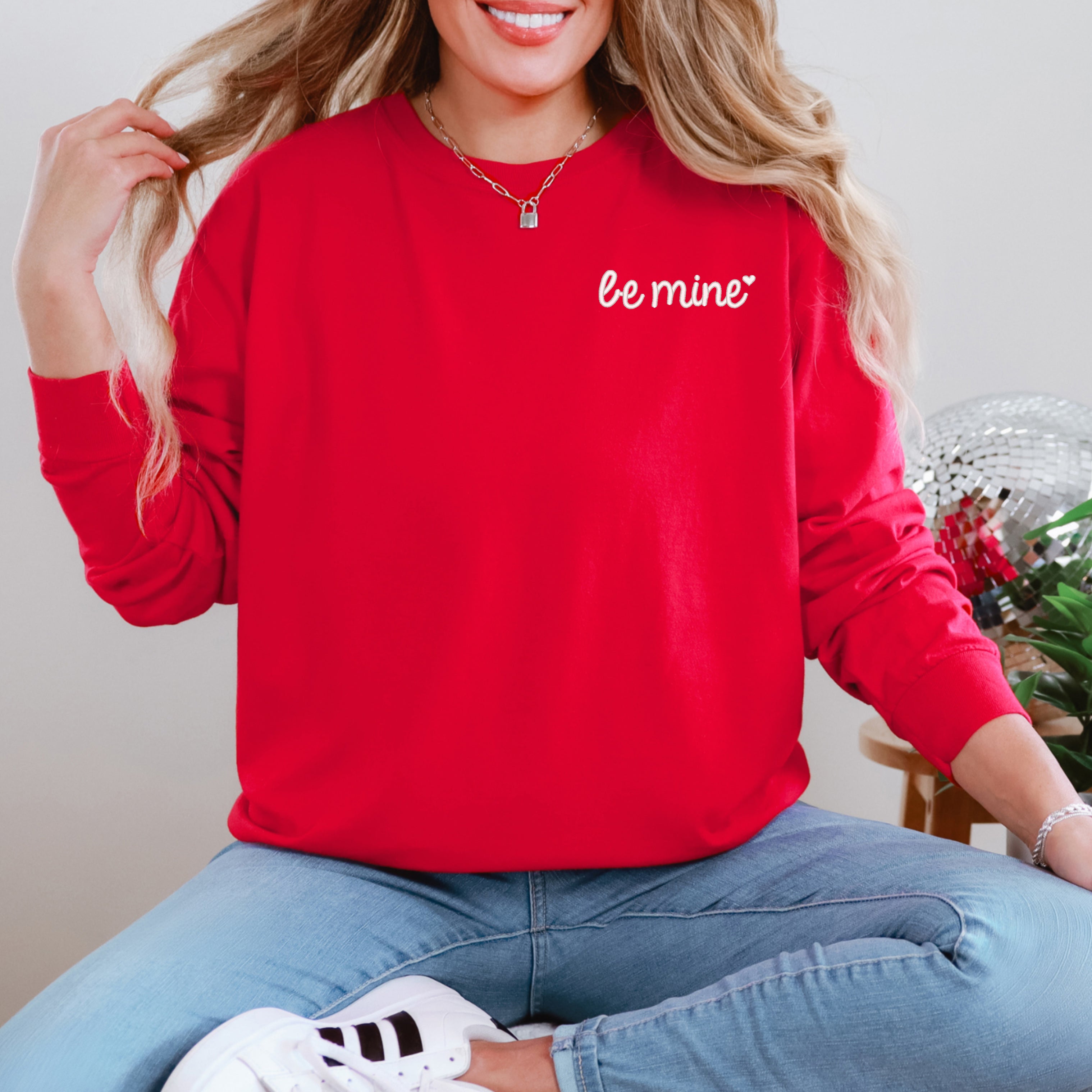 Embroidered Be Mine Heart | Garment Dyed Long Sleeve