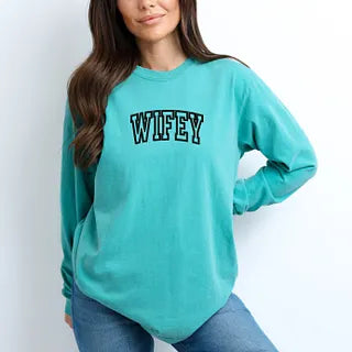 Embroidered Wifey Arched Varsity | Garment Dyed Long Sleeve