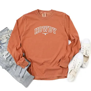 Embroidered Howdy Bull Varsity | Garment Dyed Long Sleeve