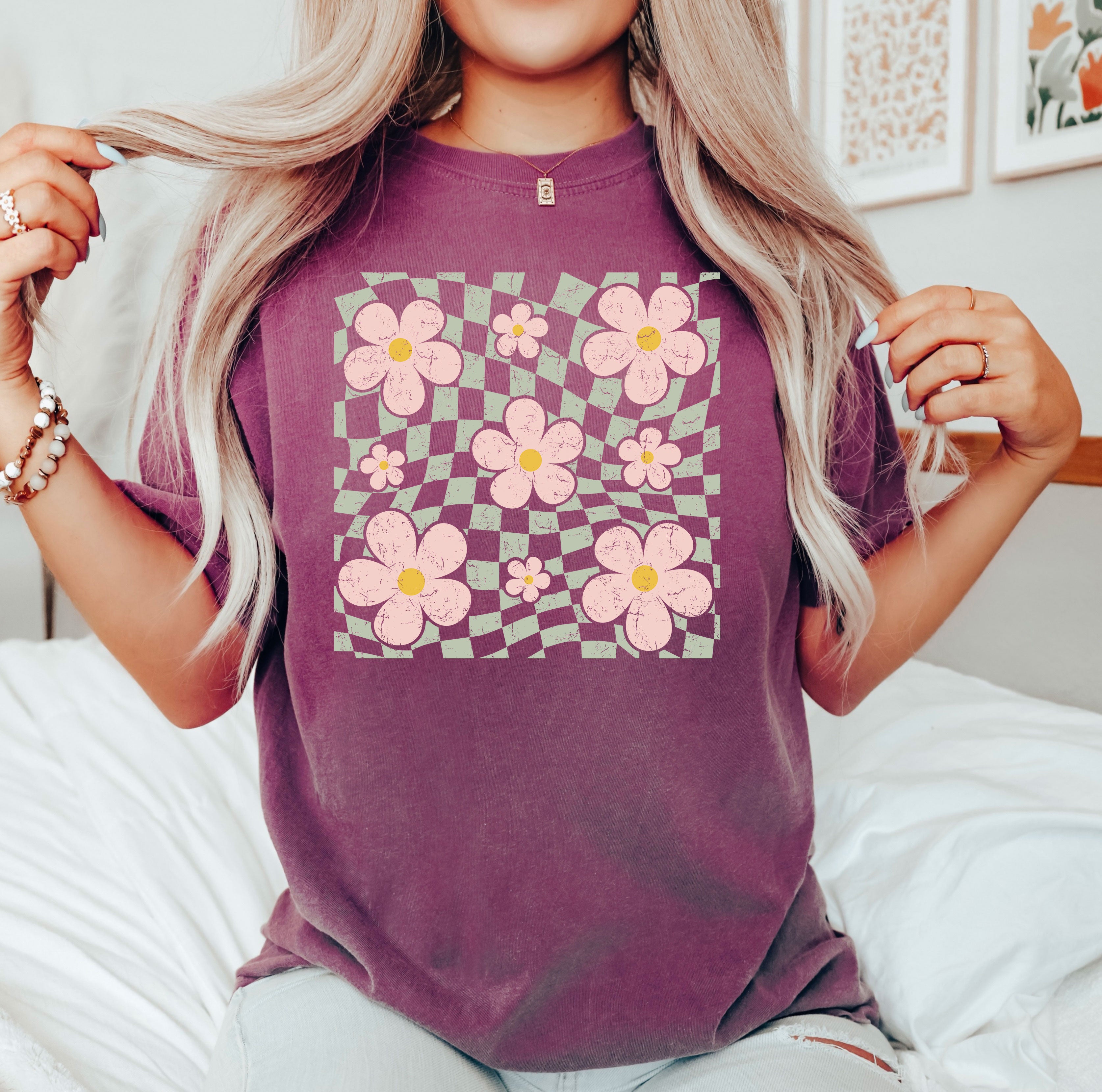 Wavy Checkered Flowers | Garment Dyed Tee