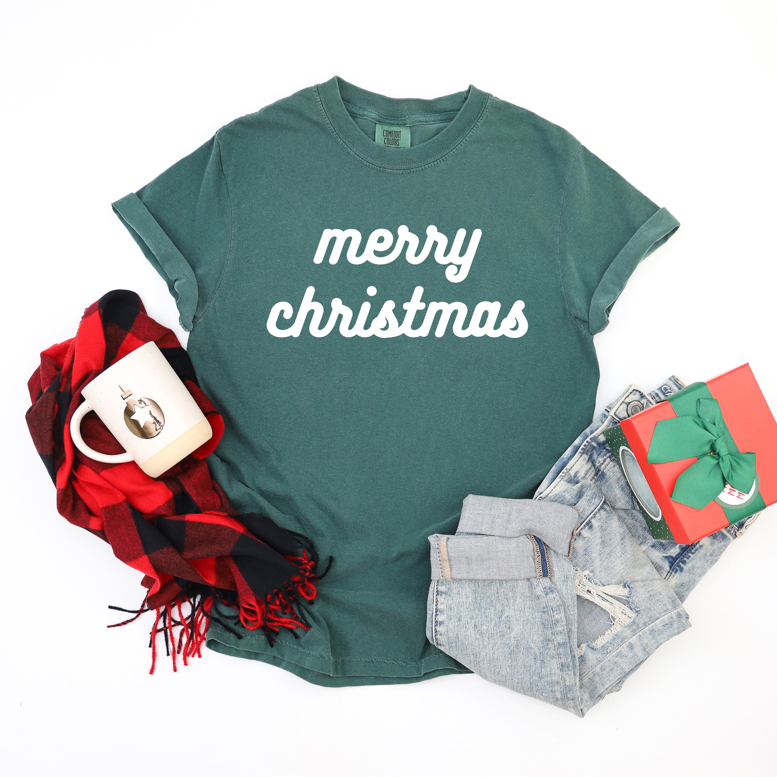 Merry Christmas Bold Cursive Words | Garment Dyed Tee