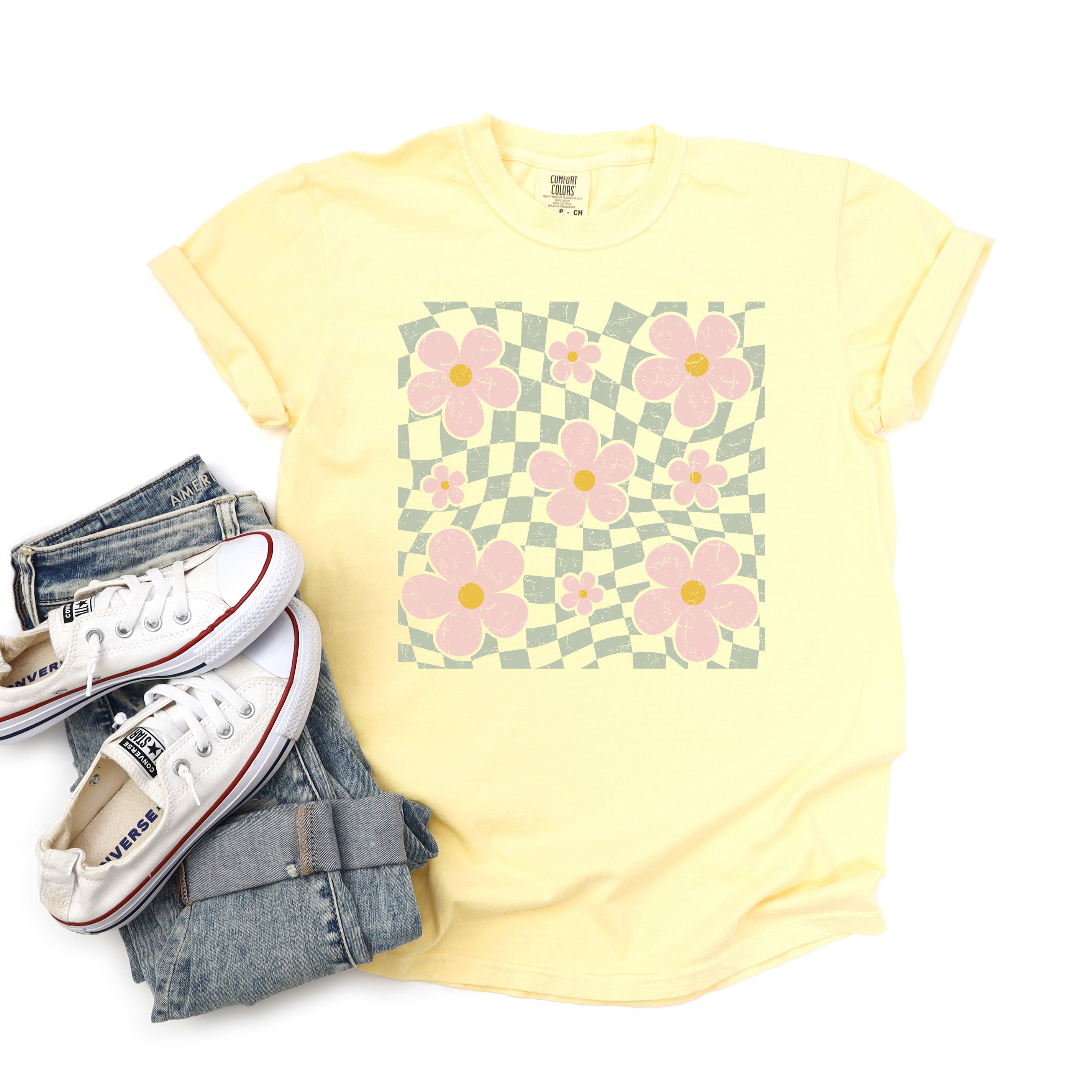 Wavy Checkered Flowers | Garment Dyed Tee