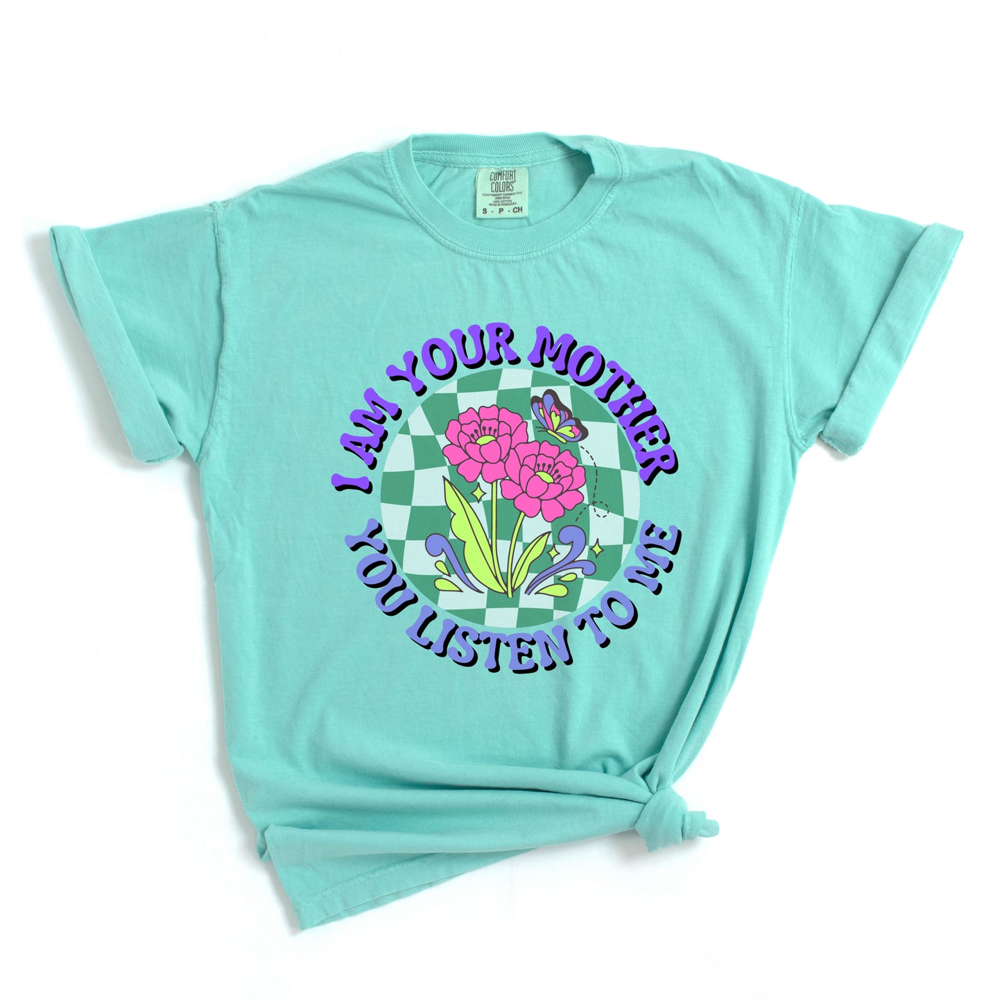 I Am Your Mother Blue Checkered | Garment Dyed Short Sleeve Tee