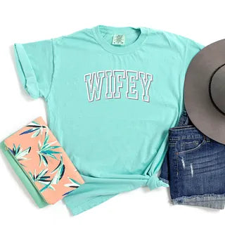 Embroidered Wifey Arched Varsity | Garment Dyed Tee