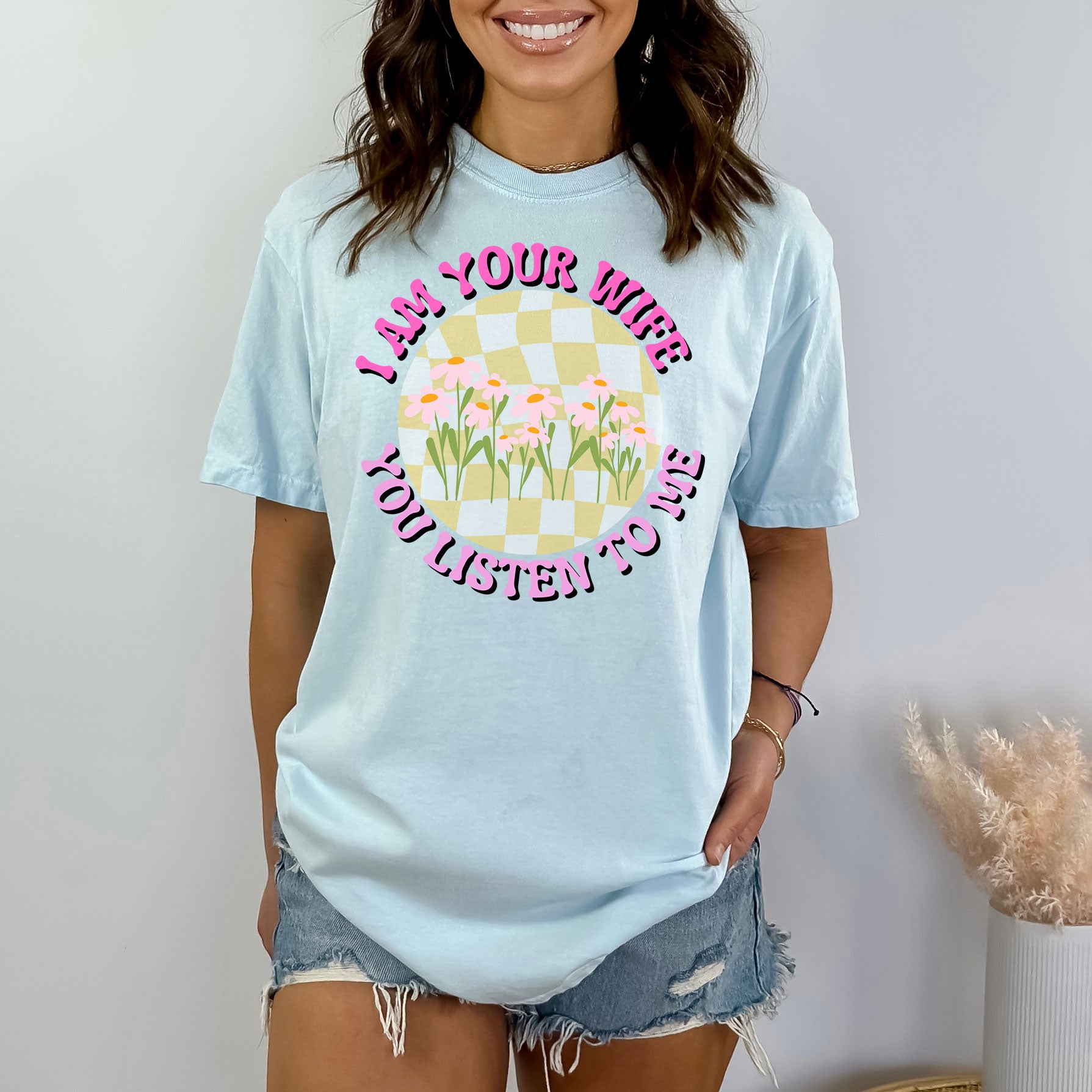 I Am Your Wife Yellow Checkered | Garment Dyed Short Sleeve Tee