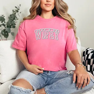 Embroidered Wifey Arched Varsity | Garment Dyed Tee