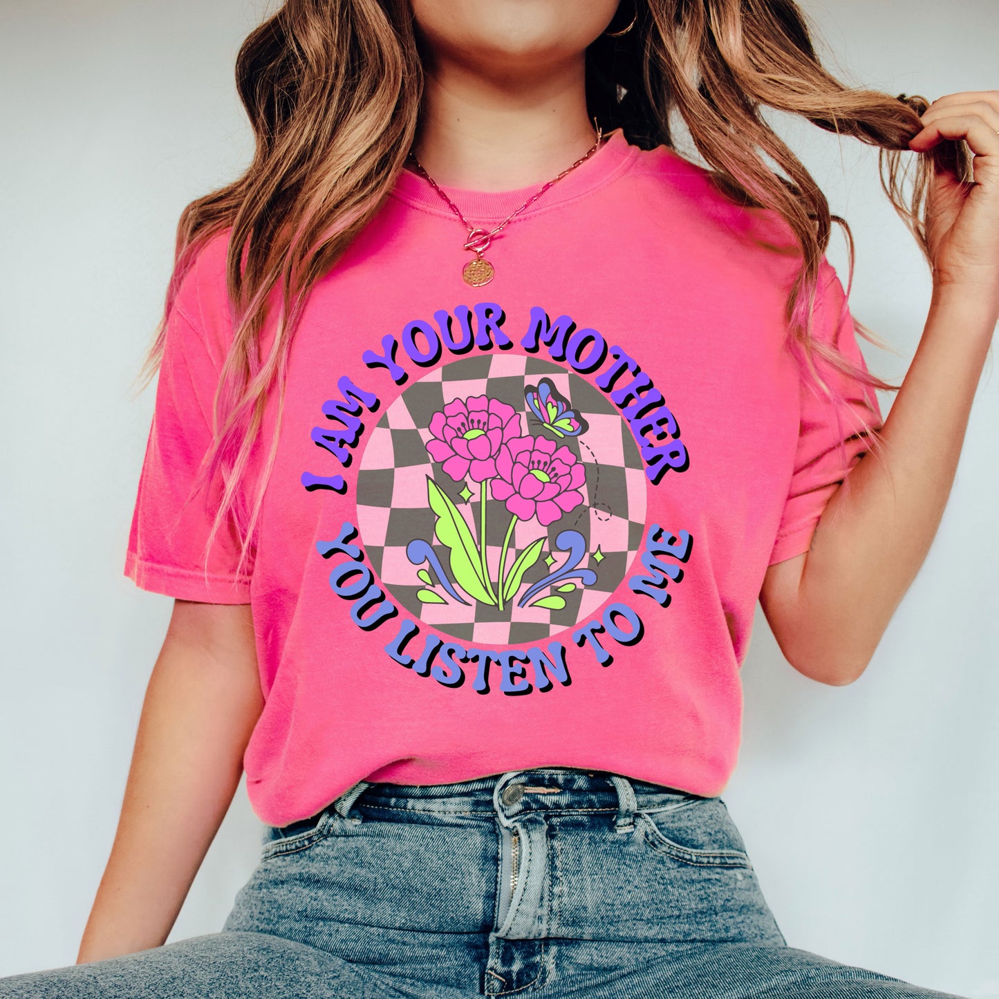 I Am Your Mother Blue Checkered | Garment Dyed Short Sleeve Tee