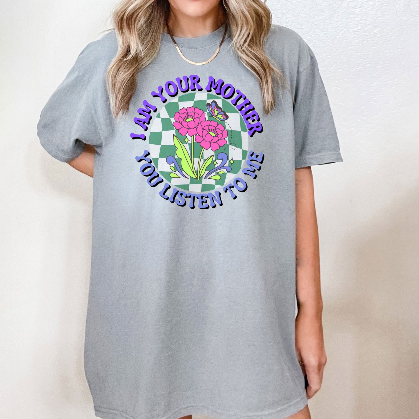I Am Your Mother Blue Checkered | Garment Dyed Short Sleeve Tee