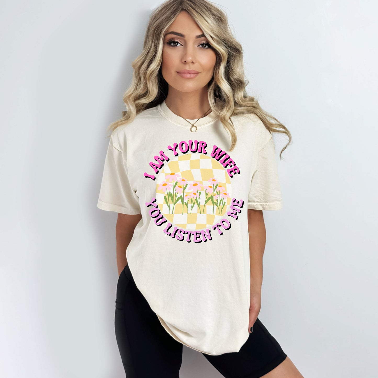 I Am Your Wife Yellow Checkered | Garment Dyed Short Sleeve Tee