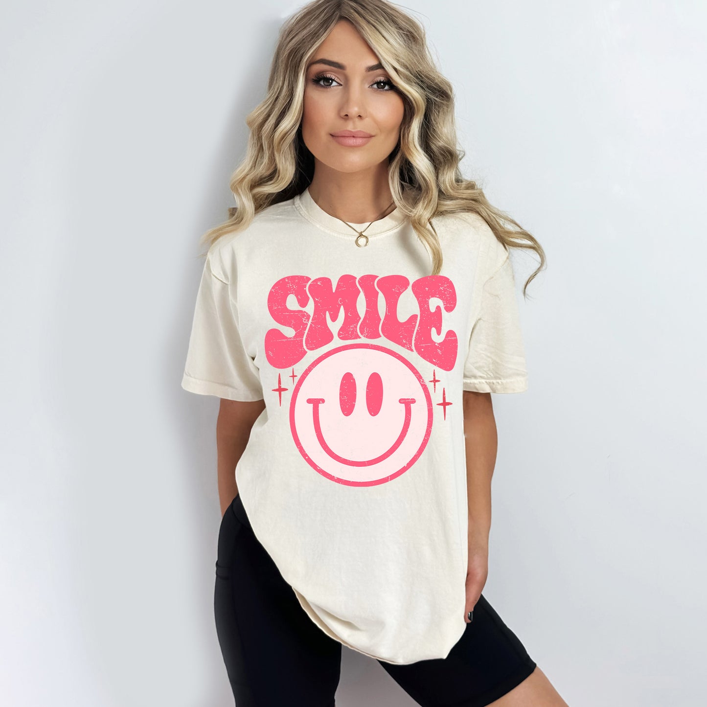 Pink Distressed Smiley | Garment Dyed Tee